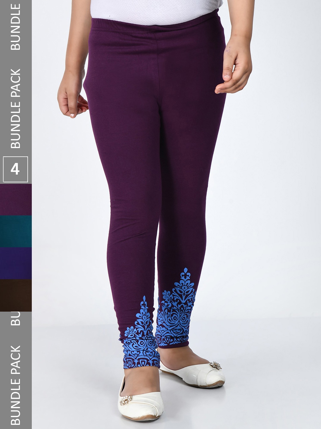 

IndiWeaves Girls Pack Of 4 Printed Super Soft Pure Cotton Ankle Length Leggings, Purple