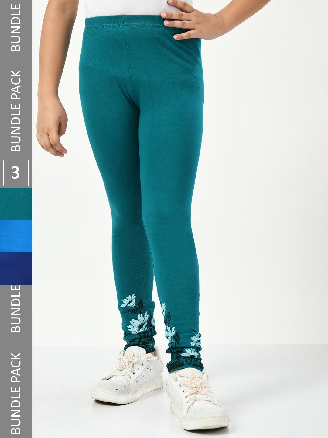

IndiWeaves Girls Pack Of 3 Printed Pure Cotton Churidar Length Leggings, Teal