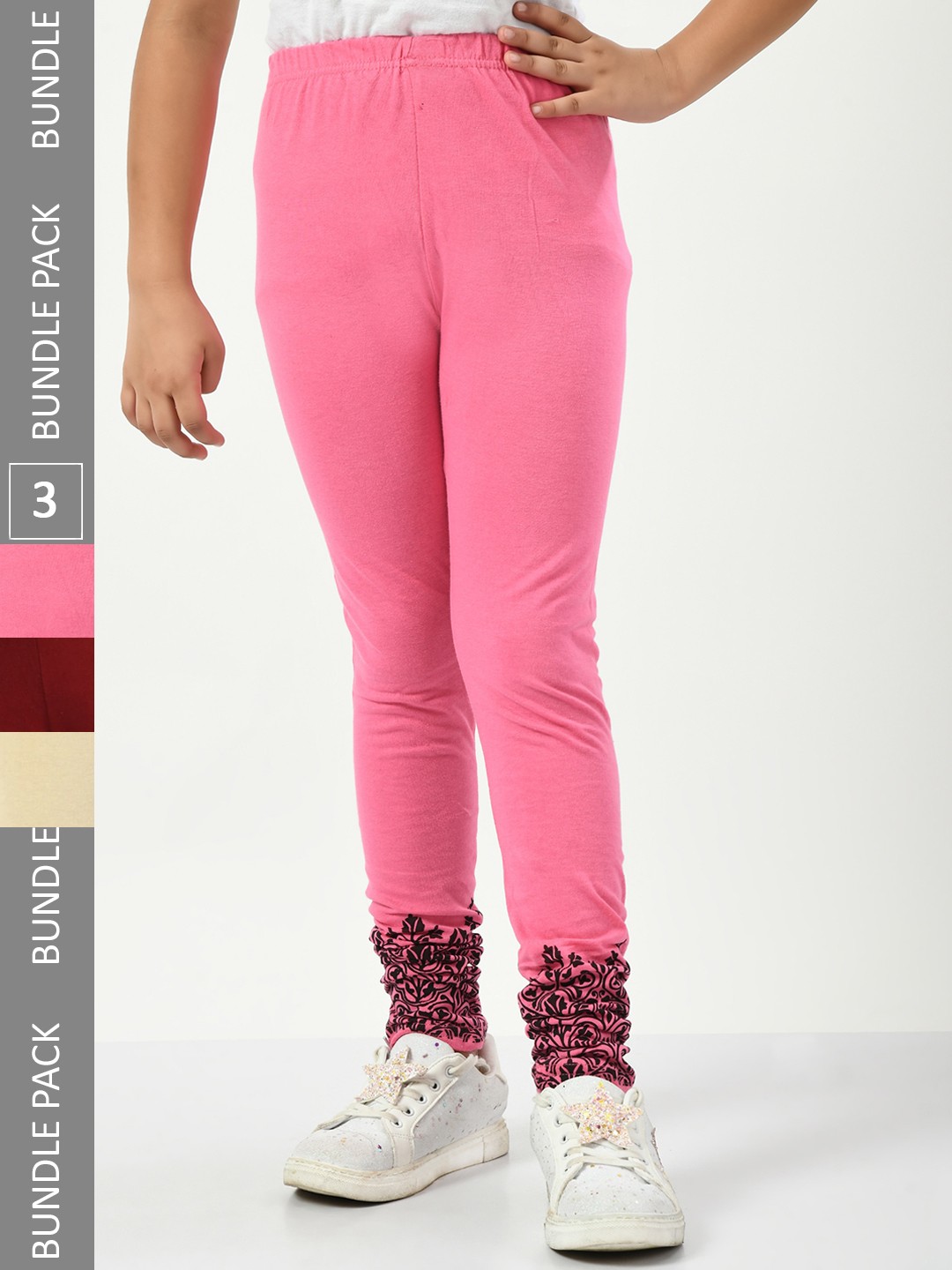 

IndiWeaves Girls Pack Of 3 Printed Pure Cotton Ankle Length Leggings, Pink