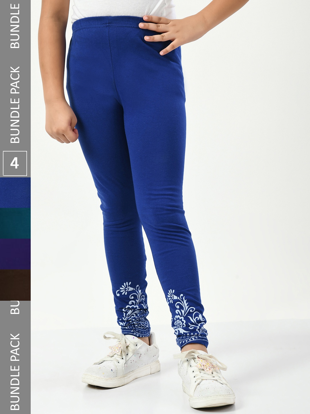 

IndiWeaves Girls Pack Of 4 Printed Pure Cotton Ankle Length Leggings, Blue