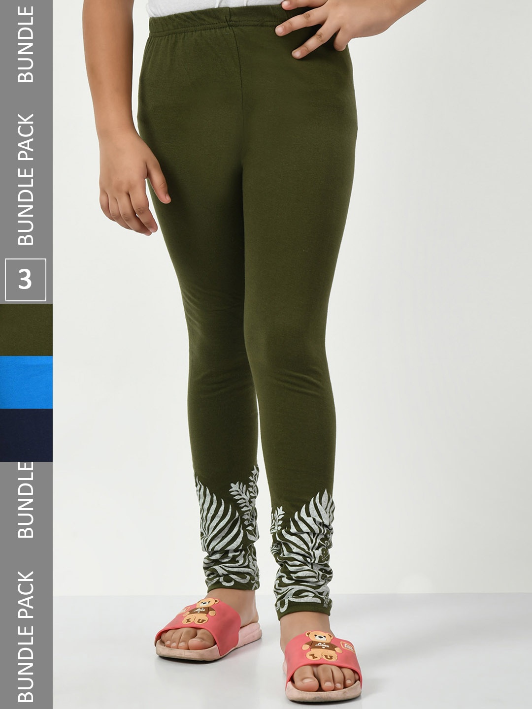 

IndiWeaves Girls Pack Of 3 Printed Ankle-Length Pure Cotton Leggings, Olive