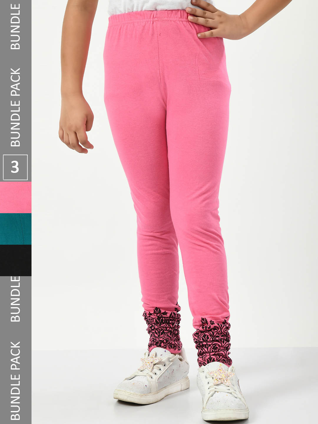 

IndiWeaves Girls Pack Of 3 Pure Cotton Ankle-Length Leggings, Pink