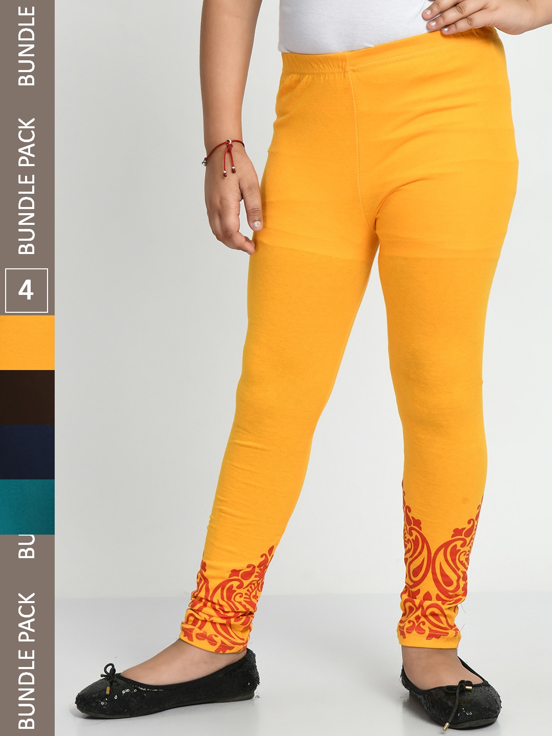 

IndiWeaves Girls Pack Of 4 Printed Pure Cotton Churidar Length Leggings, Yellow