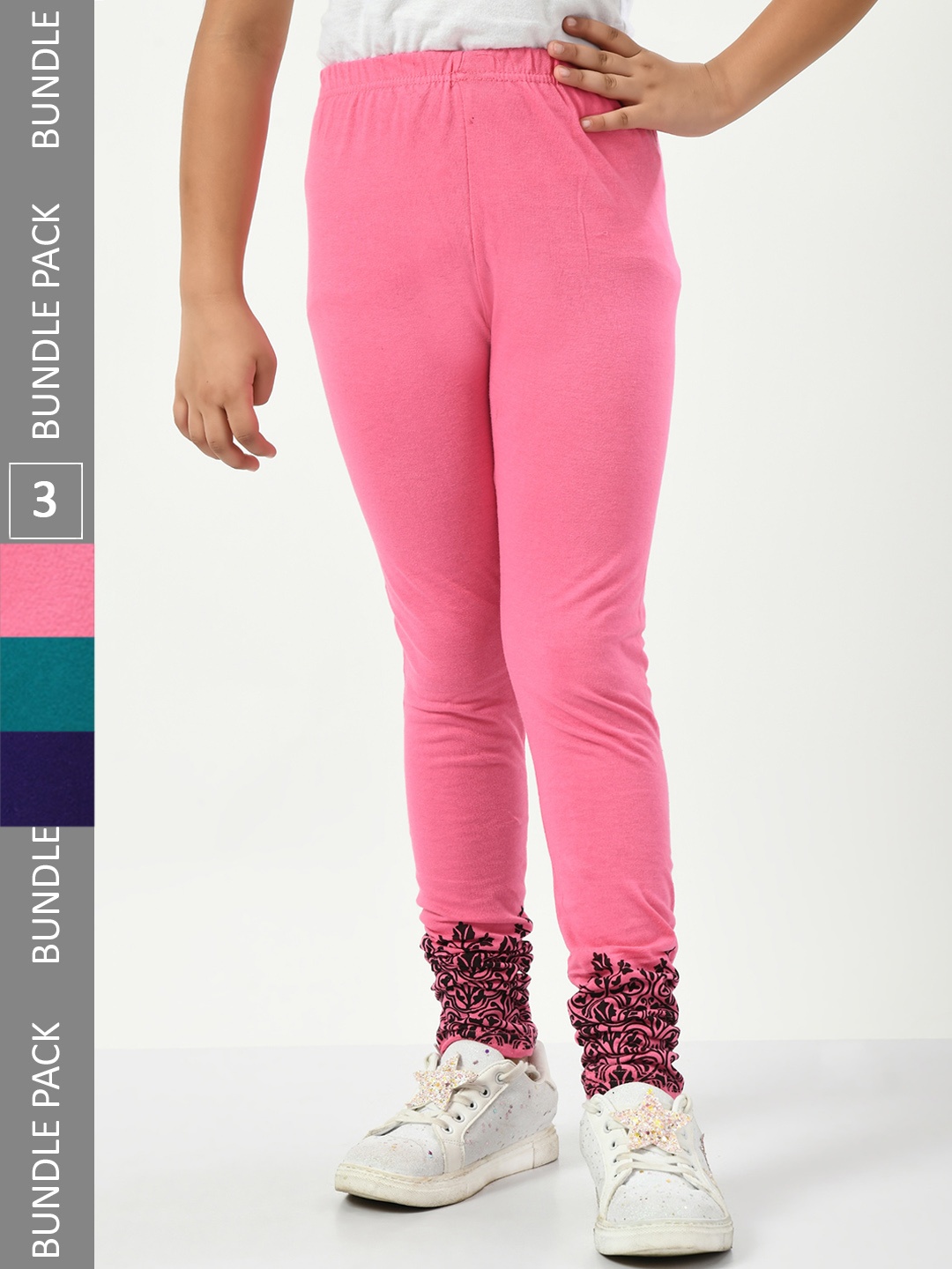 

IndiWeaves Girls Pack Of 3 Bottom-Printed Pure Cotton Ankle Length Leggings, Pink