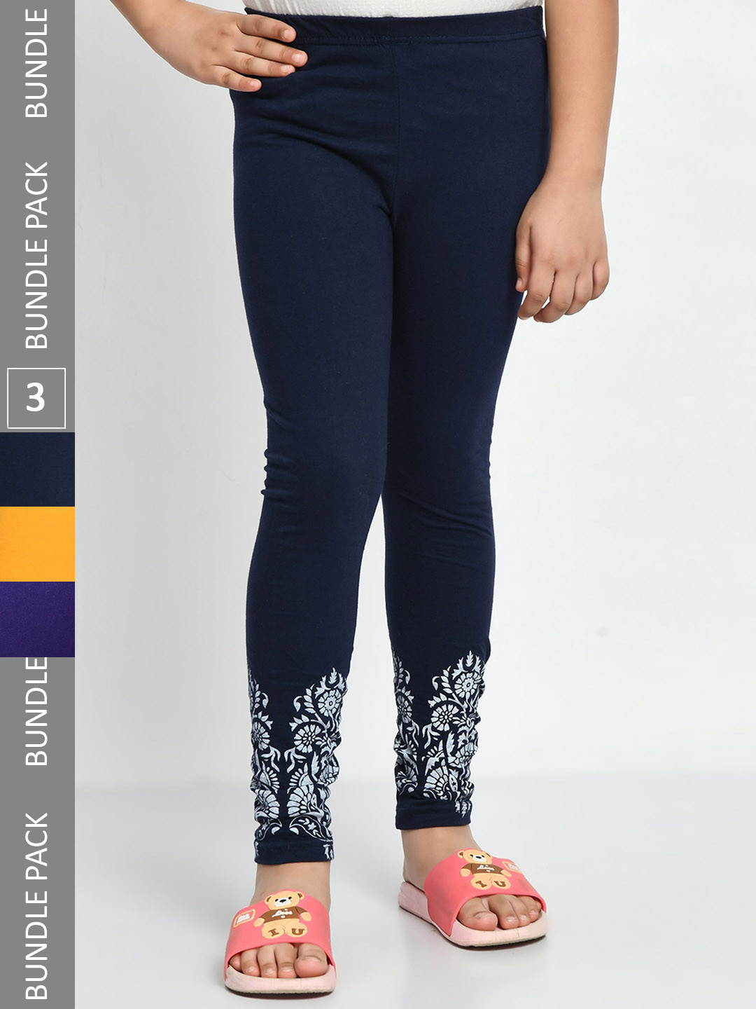 

IndiWeaves Girls Pack Of 3 Printed Ankle-Length Pure Cotton Leggings, Navy blue
