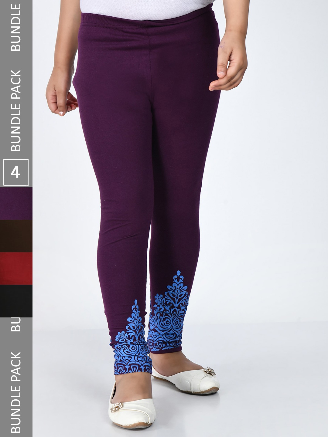 

IndiWeaves Girls Pack Of 4 Bottom-Printed Super Soft Pure Cotton Ankle Length Leggings, Purple