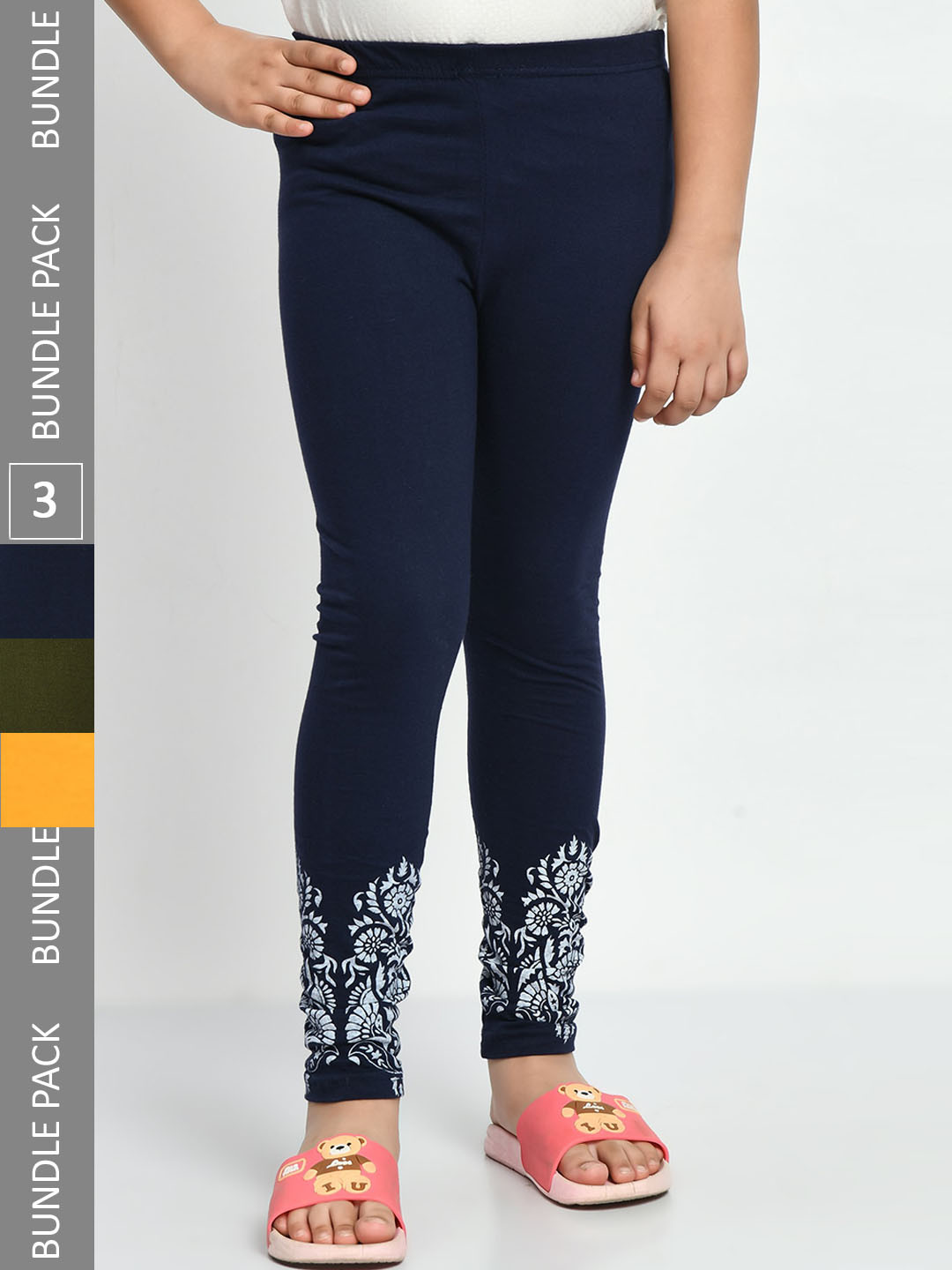 

IndiWeaves Girls Pack Of 3 Printed Pure Cotton Ankle Length Leggings, Navy blue