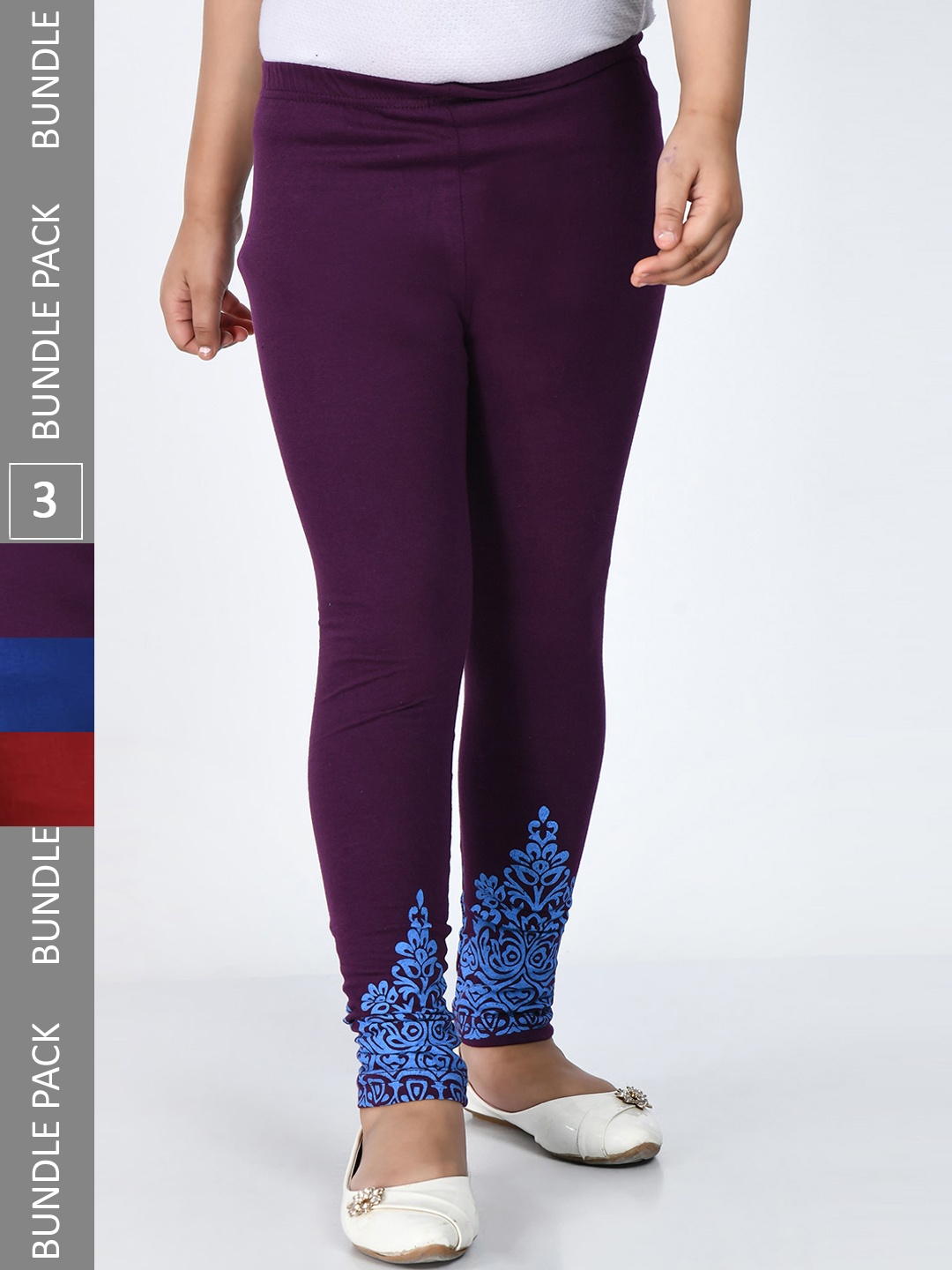 

IndiWeaves Girls Pack Of 3 Printed Ankle-Length Pure Cotton Leggings, Purple