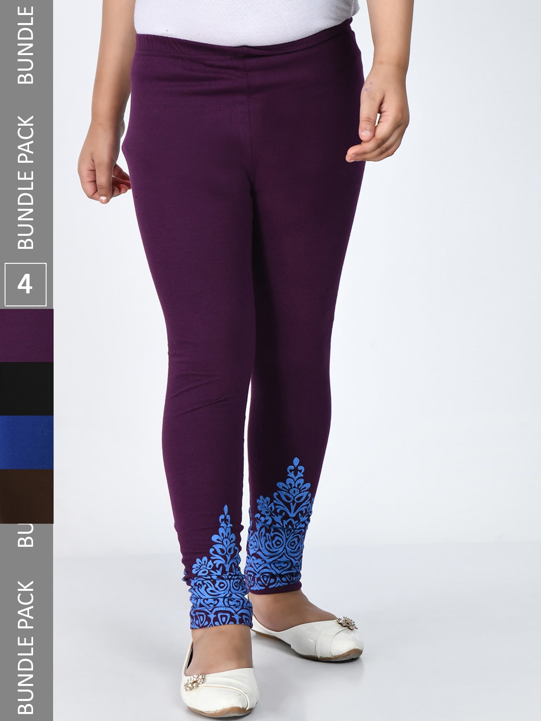 

IndiWeaves Girls Pack Of 4 Printed Pure Cotton Churidar Length Leggings, Purple