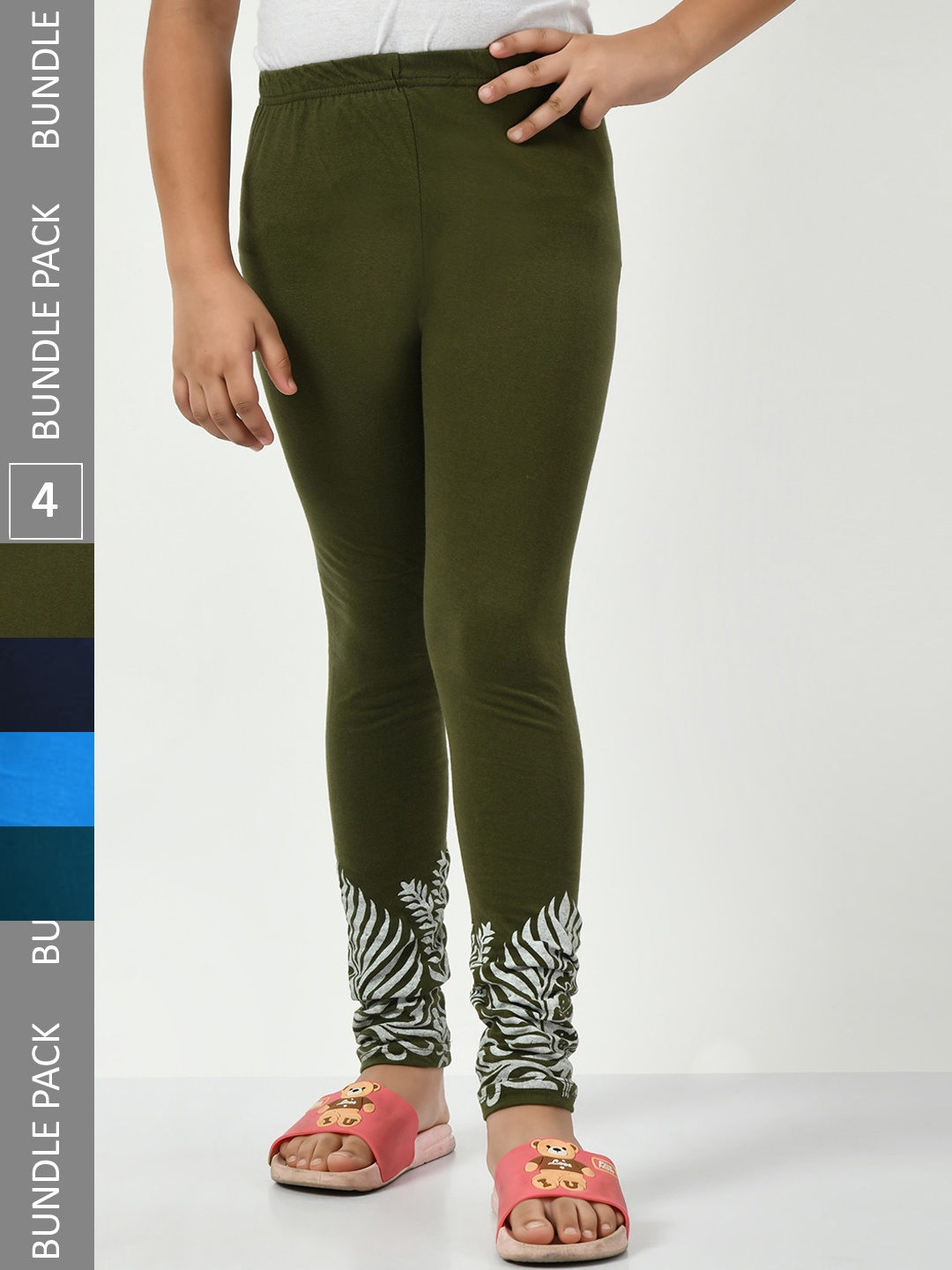

IndiWeaves Girls Pack Of 4 Printed Pure Cotton Ankle Length Leggings, Olive