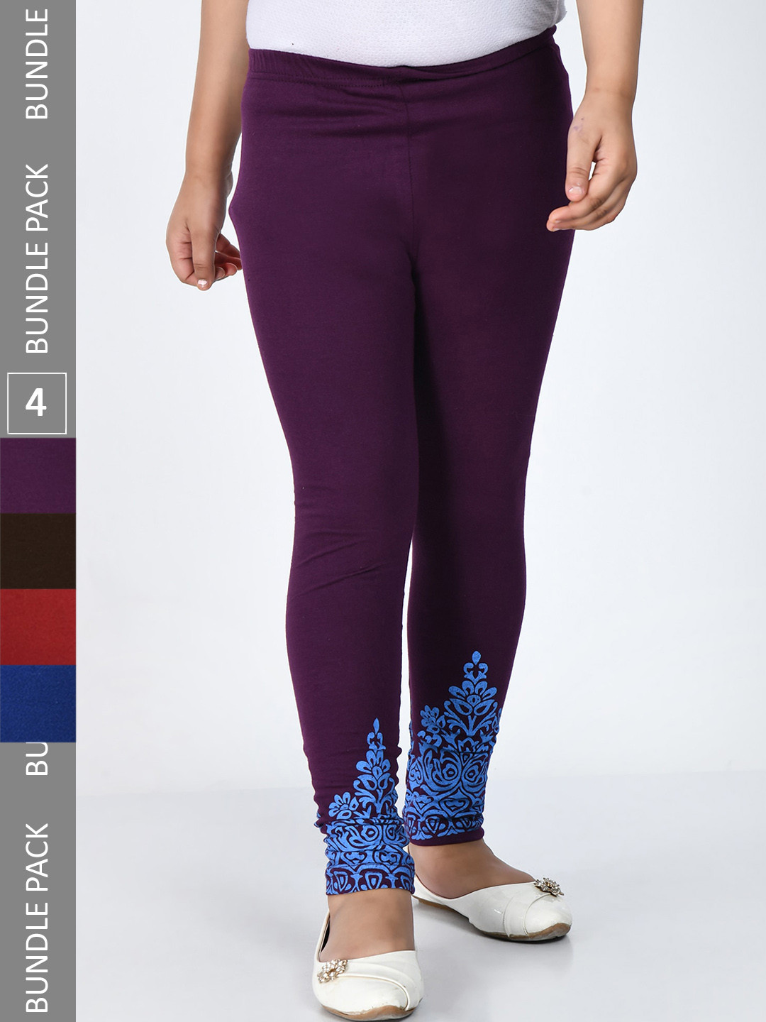 

IndiWeaves Girls Pack Of 4 Bottom-Printed Super Soft Pure Cotton Ankle Length Leggings, Maroon