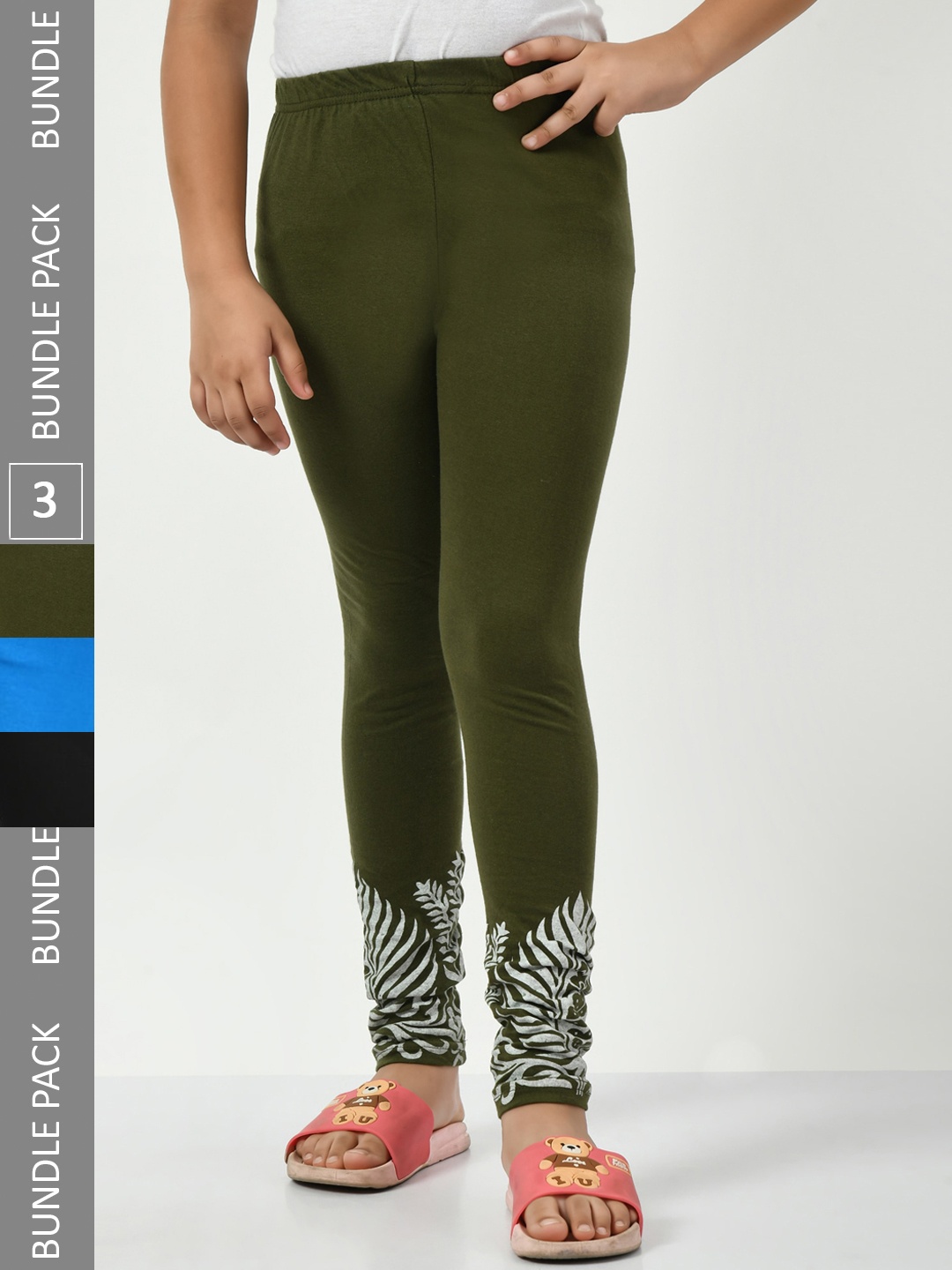 

IndiWeaves Girls Pack Of 3 Printed Pure Cotton Churidar Length Leggings, Olive