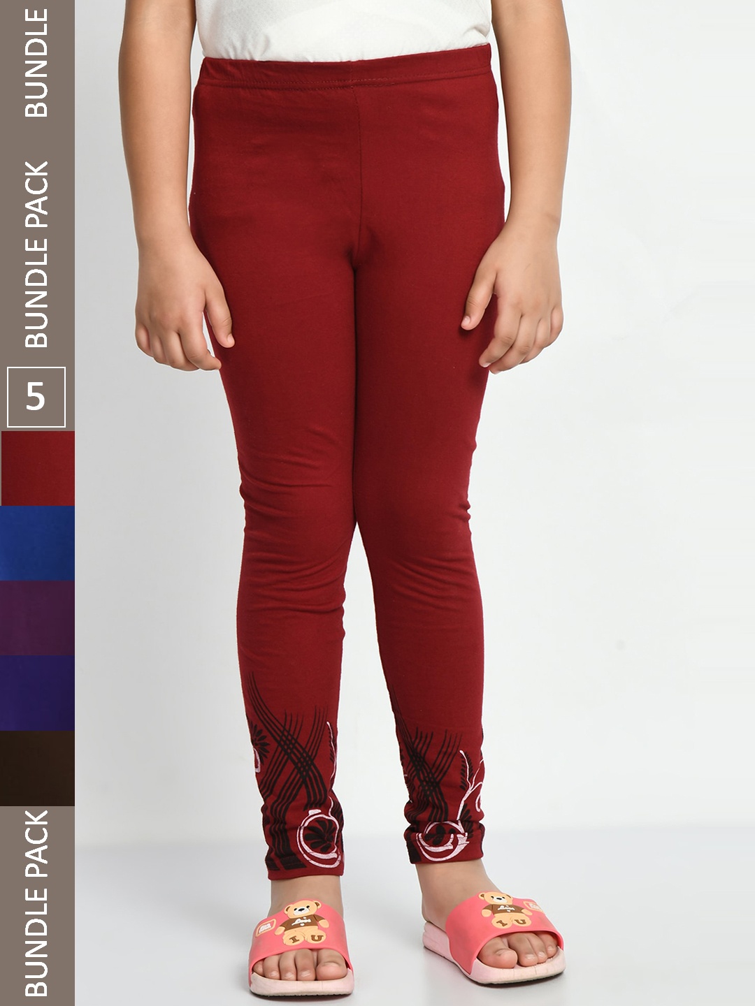 

IndiWeaves Girls Pack Of 5 Printed Ankle-Length Pure Cotton Leggings, Maroon