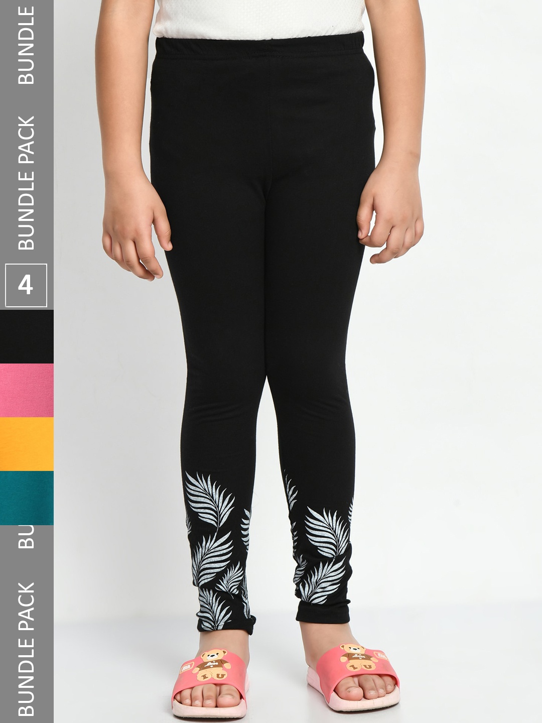

IndiWeaves Girls Pack Of 4 Printed Pure Cotton Ankle Length Leggings, Black