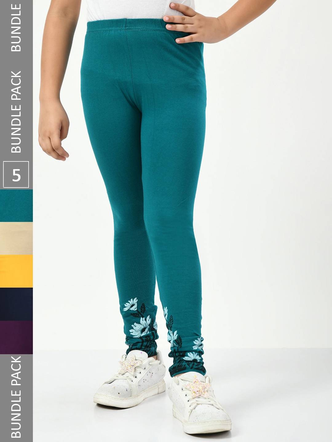 

IndiWeaves Girls Pack Of 5 Printed Pure Cotton Ankle Length Leggings, Teal