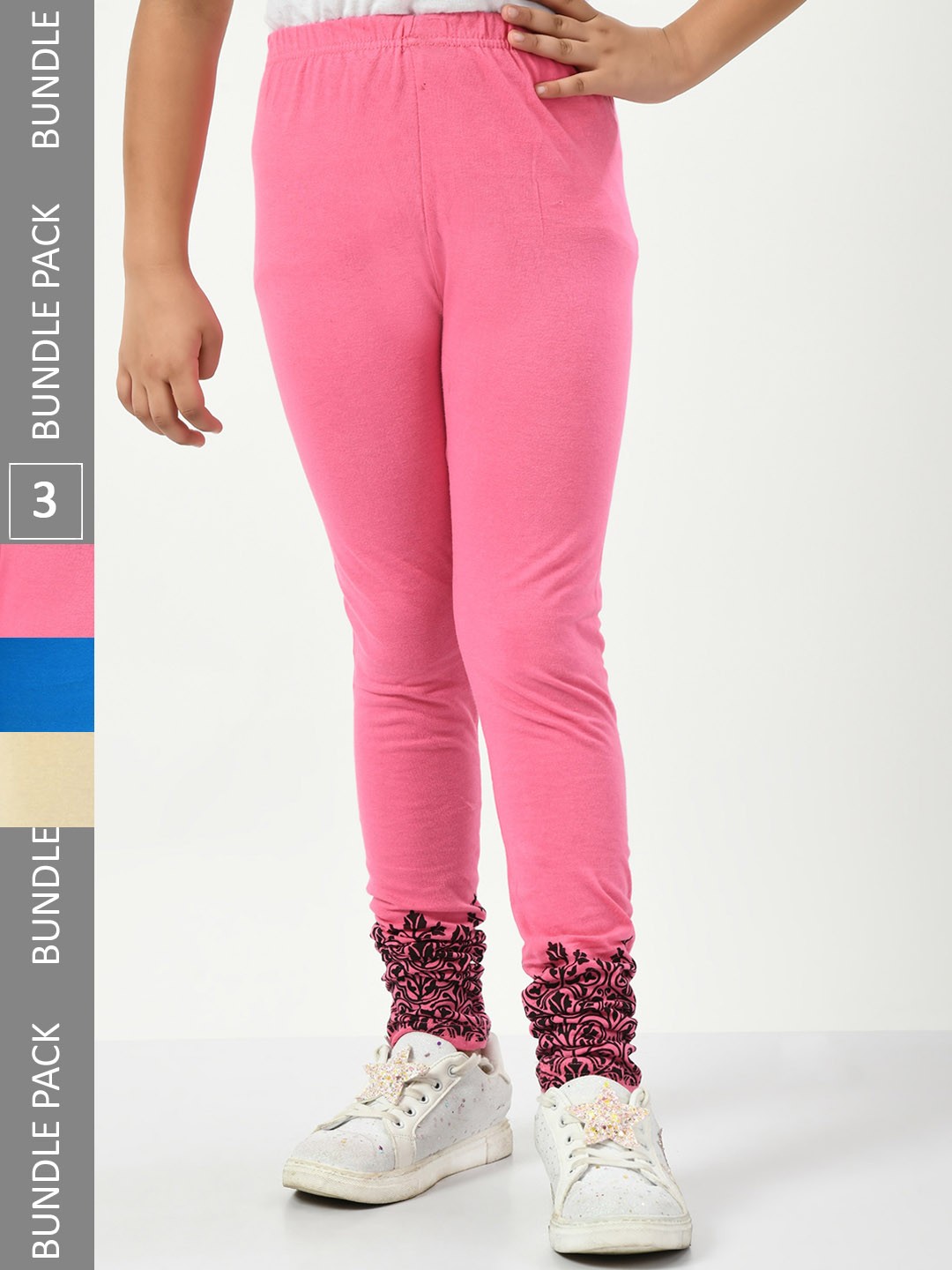 

IndiWeaves Girls Pack Of 3 Bottom Printed Super Soft Pure Cotton Churidar Length Leggings, Pink