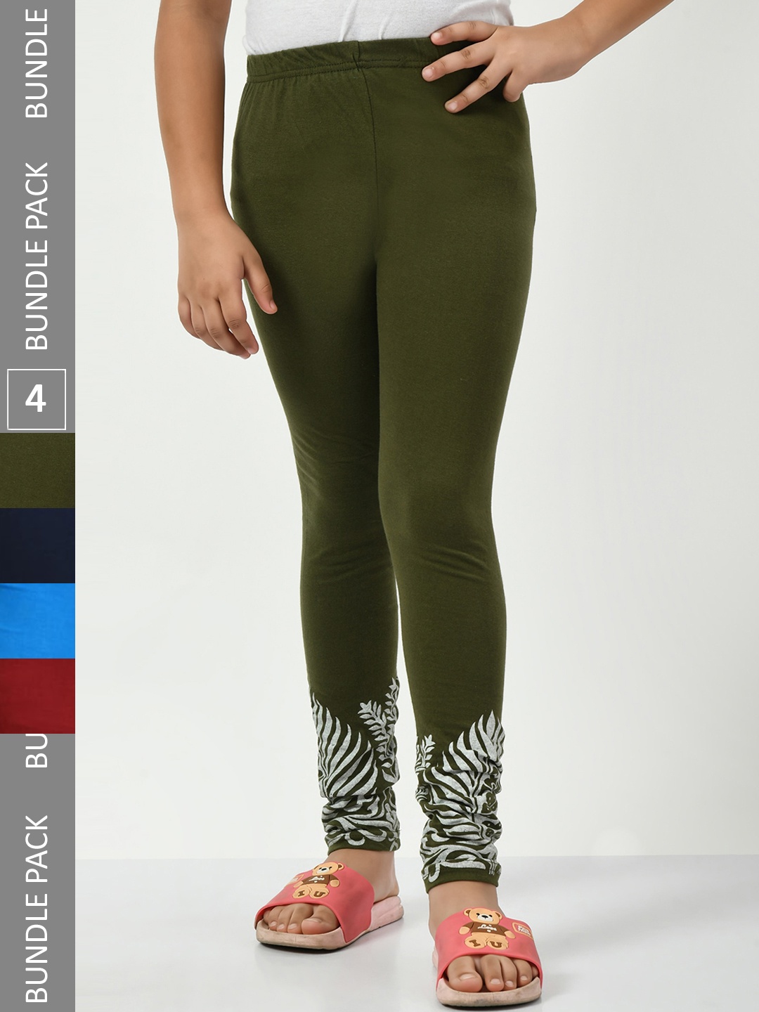 

IndiWeaves Girls Pack Of 4 Printed Pure Cotton Churidar Length Leggings, Olive