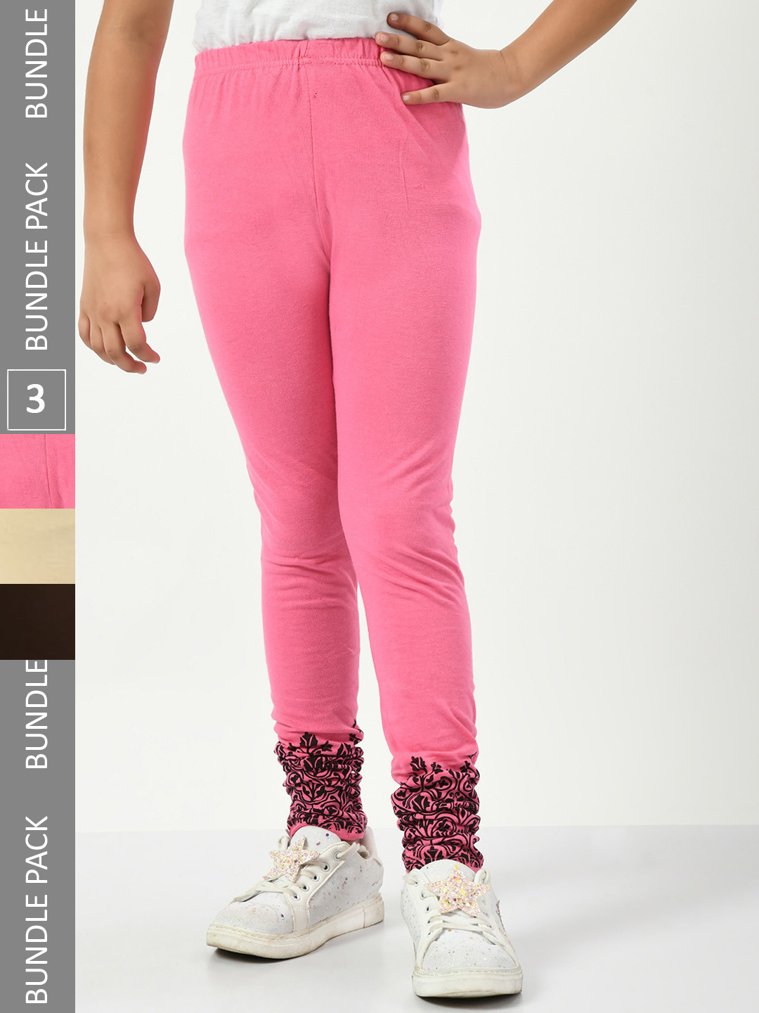 

IndiWeaves Girls Pack Of 3 Bottom-Printed Super Soft Pure Cotton Ankle Length Leggings, Pink