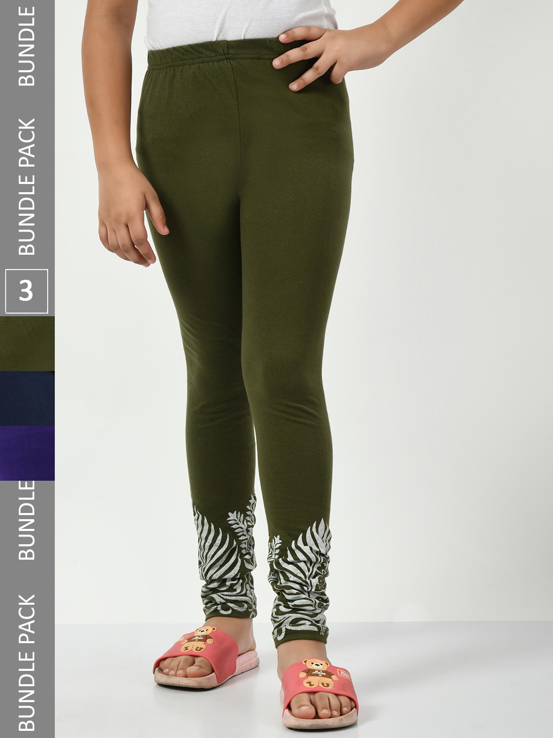 

IndiWeaves Girls Pack Of 3 Printed Super Soft Pure Cotton Ankle Length Leggings, Olive
