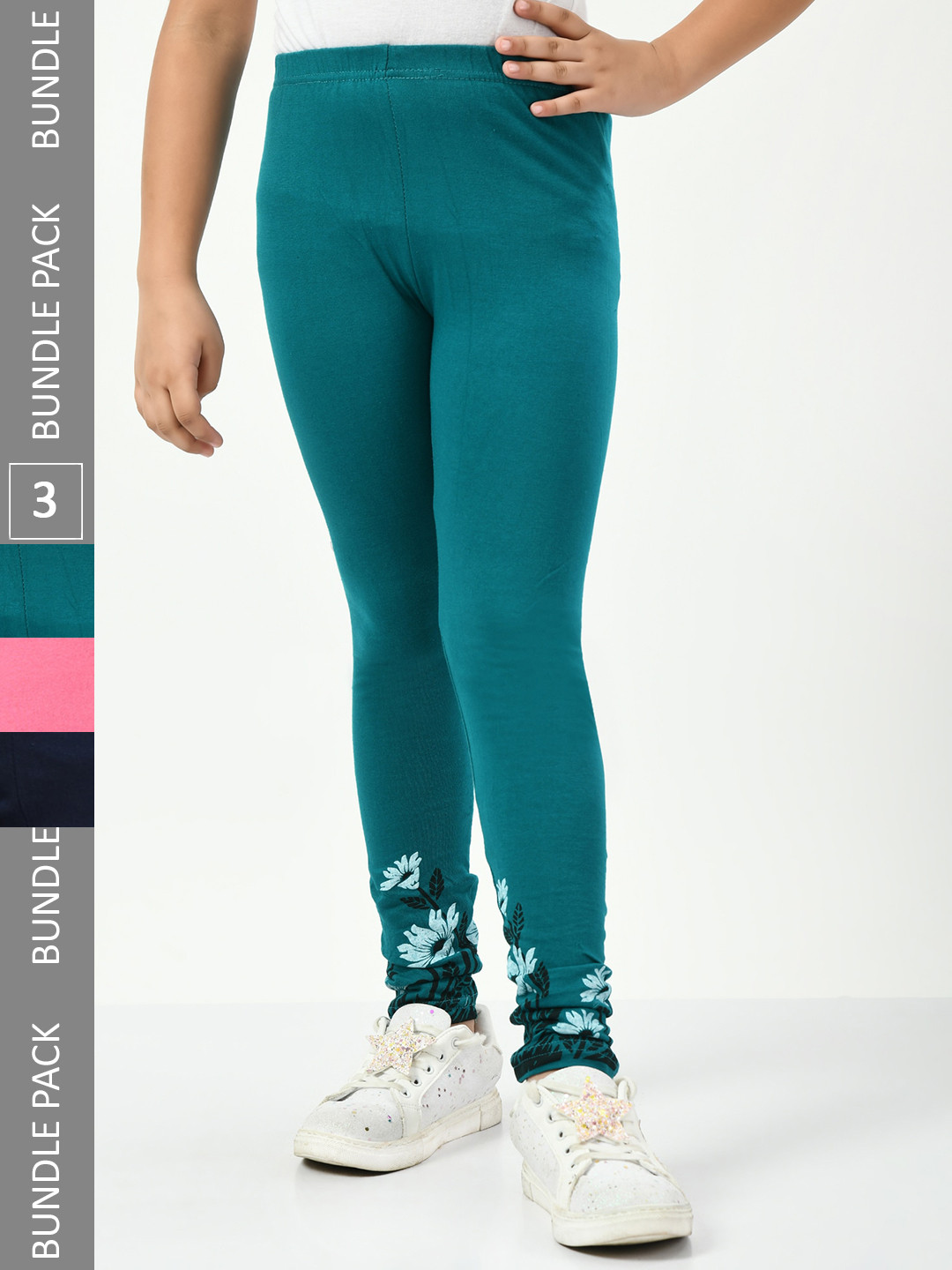 

IndiWeaves Girls Pack Of 3 Printed Pure Cotton Churidar Length Leggings, Teal