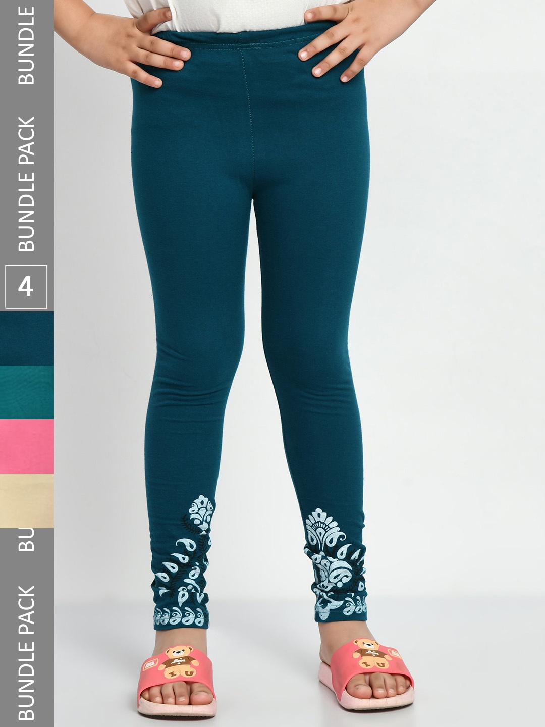 

IndiWeaves Girls Pack Of 4 Printed Ankle-Length Pure Cotton Leggings, Teal