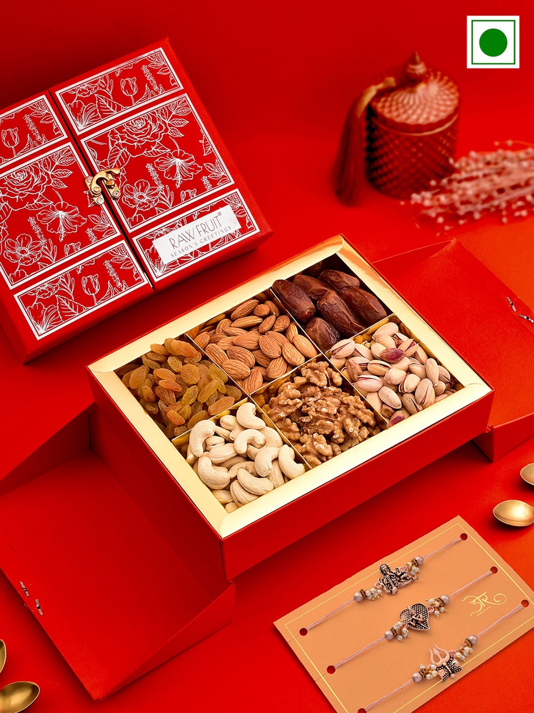 

RawFruit Set Of 3 Ganesh Trishul & Krishna Charm Rakhi With Dryfruit Gift Box, Gold