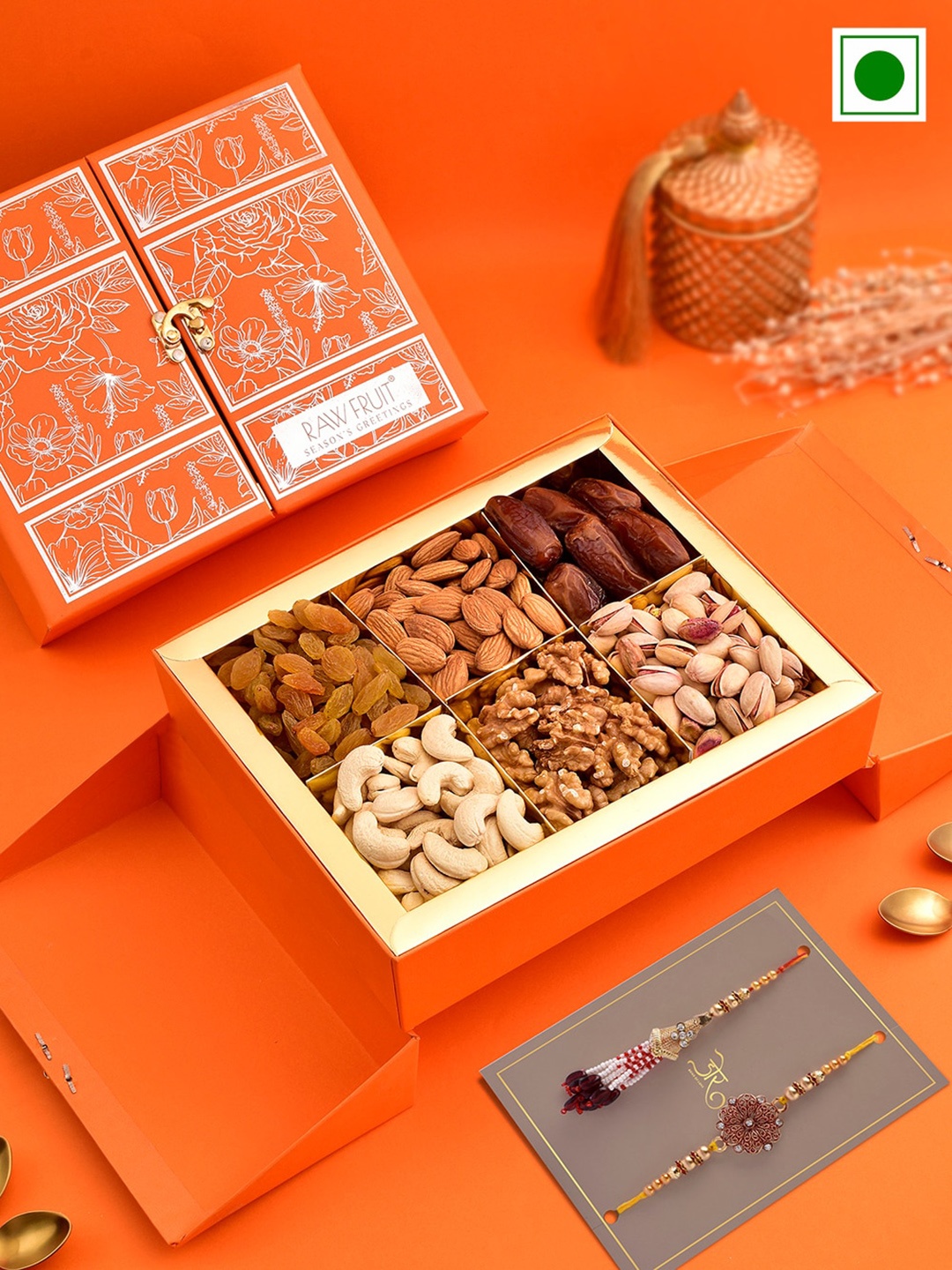 

RawFruit Set of 3 Pearl beaded & stone studded Bhai Bhabhi Rakhi & Dryfruit Gift Set, Gold