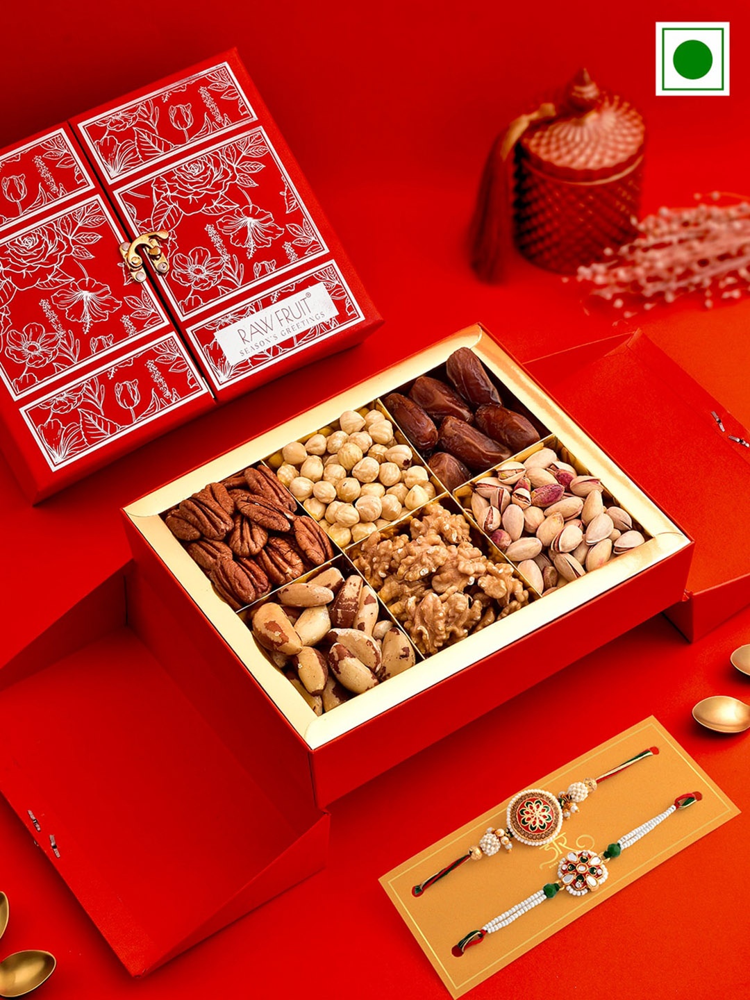 

RawFruit Set Of 2 Rakhi With Dry Fruits Gift Set, Red