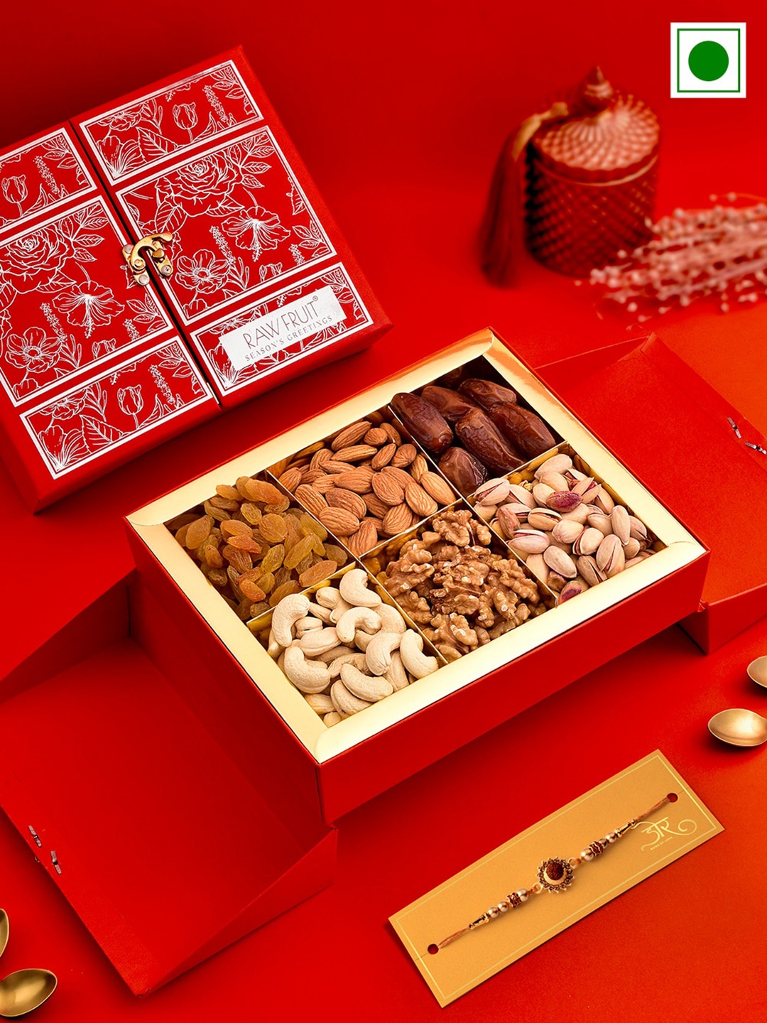 

RawFruit Set of 2 Stone-studded and beaded Rakhi & Dryfruits Gift Set, Gold