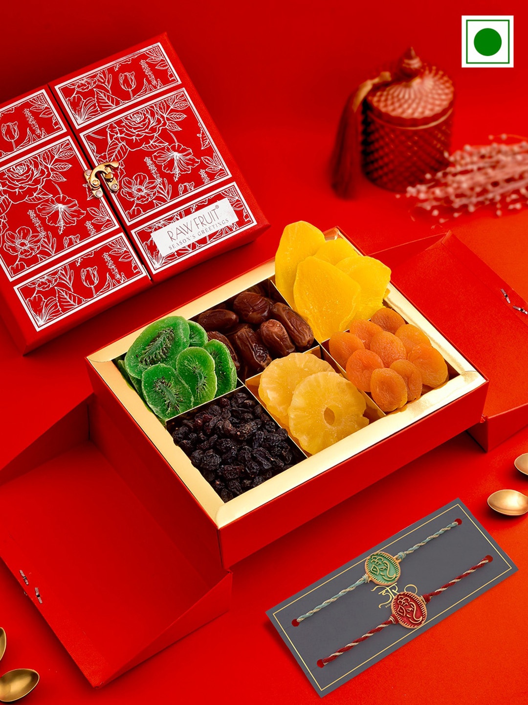 

RawFruit Set Of 2 Ganesha Charm Rakhi With Dry Fruits Gift Set, Red