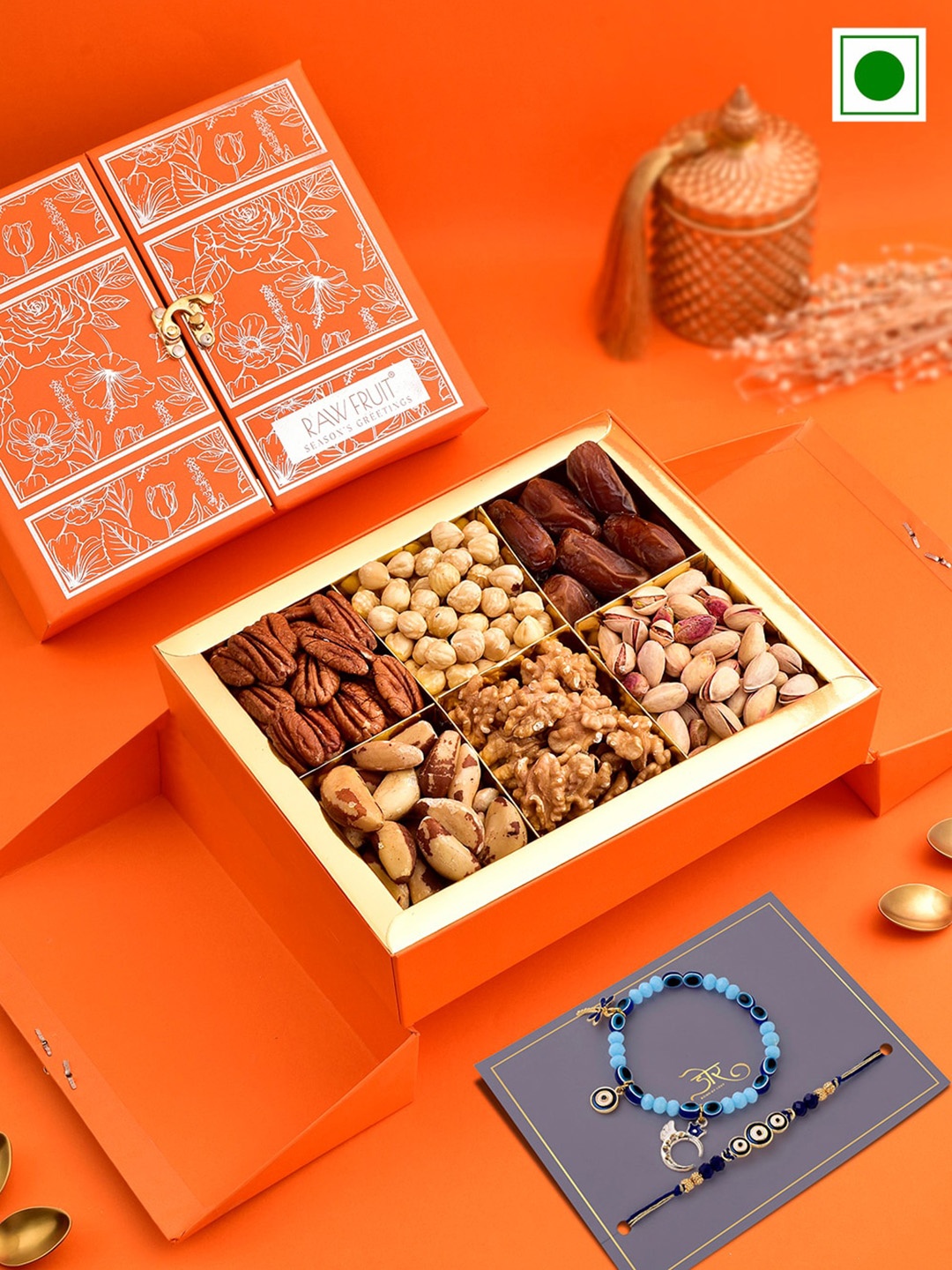 

RawFruit Premium Dryfruit Box & Bhai Bhabhi Rakhi Gift Pack, Orange