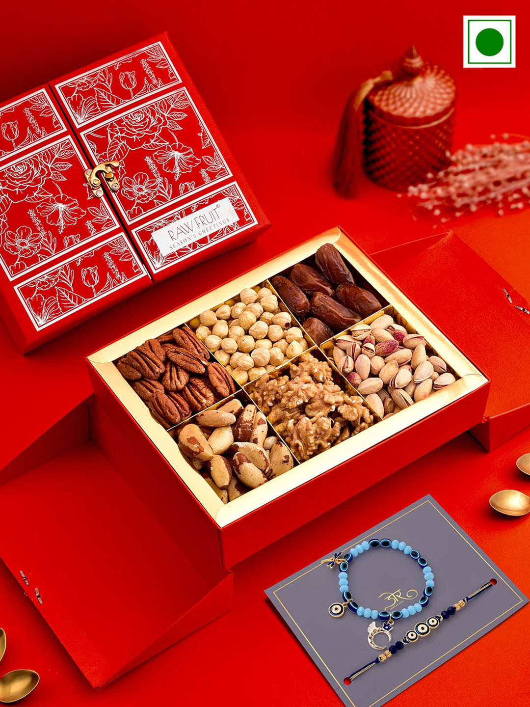 

RawFruit Set Of 2 Evil Eye Beaded Rakhis With Dry Fruits Gift Set, Red