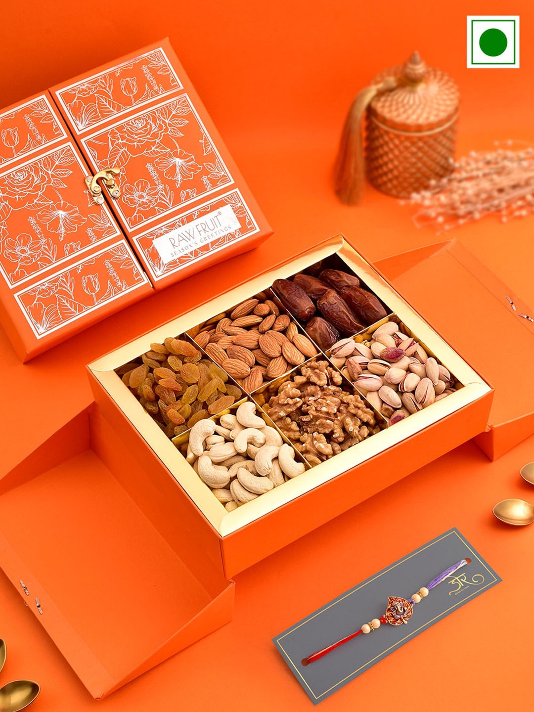 

RawFruit Dryfruit Box &Rakhi Gift Pack, Orange
