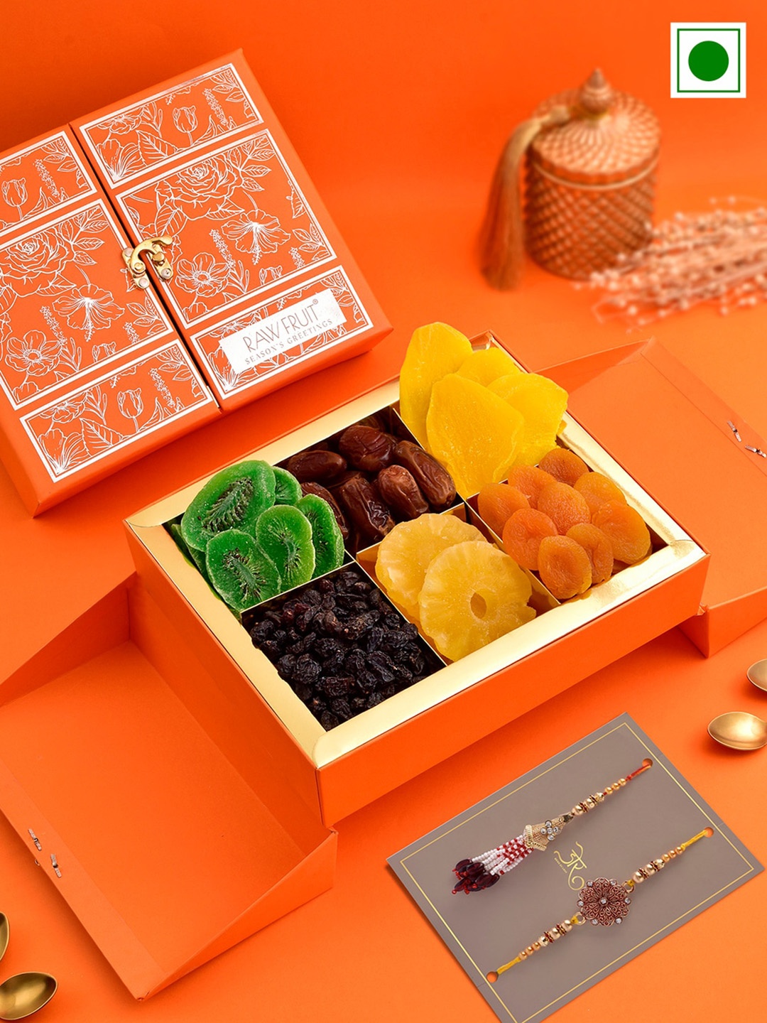

RawFruit Tropical Dryfruit Box & Bhai Bhabhi Rakhi Gift Pack, Orange