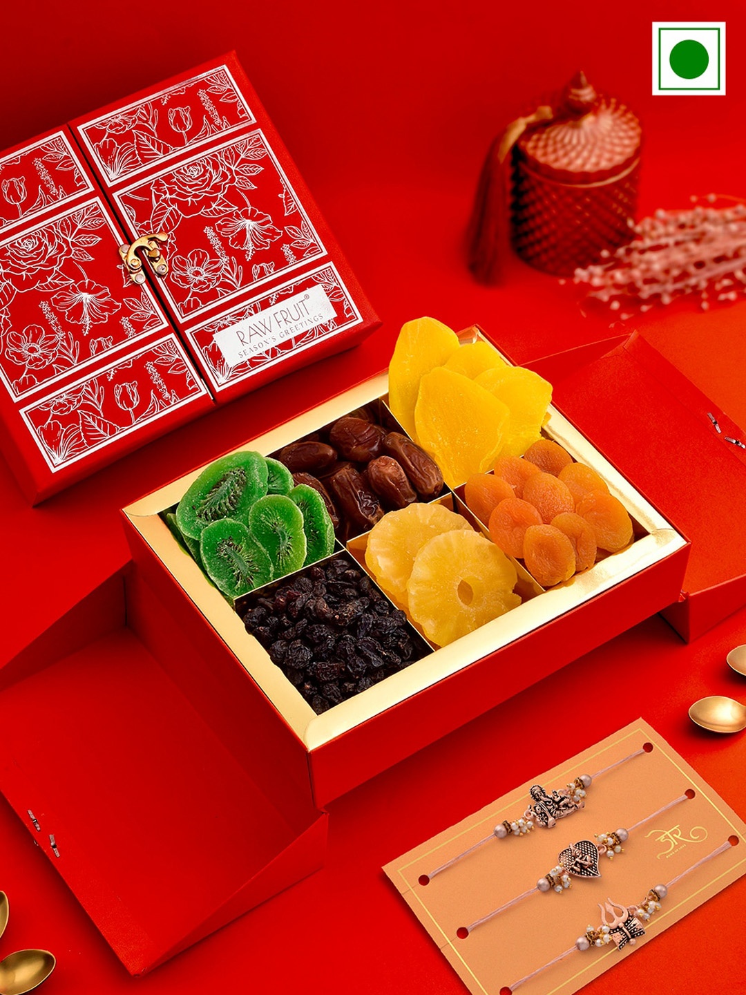 

RawFruit Set Of 3 Charm Rakhis With Roli Chawal & Dryfruits Gift Set, Rose gold