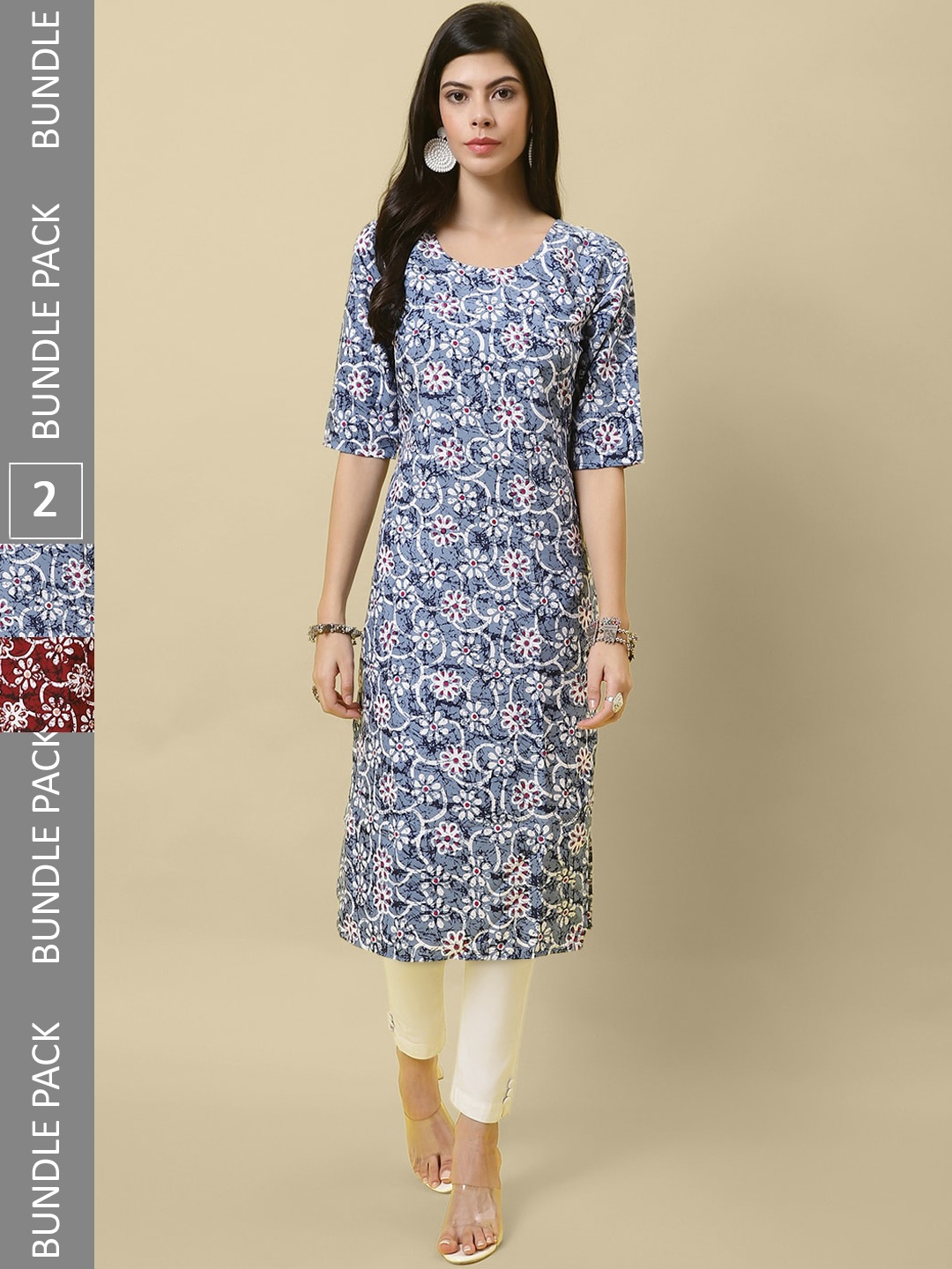 

7Threads Pack Of 2 Printed Round Neck Regular Kurtas, Blue