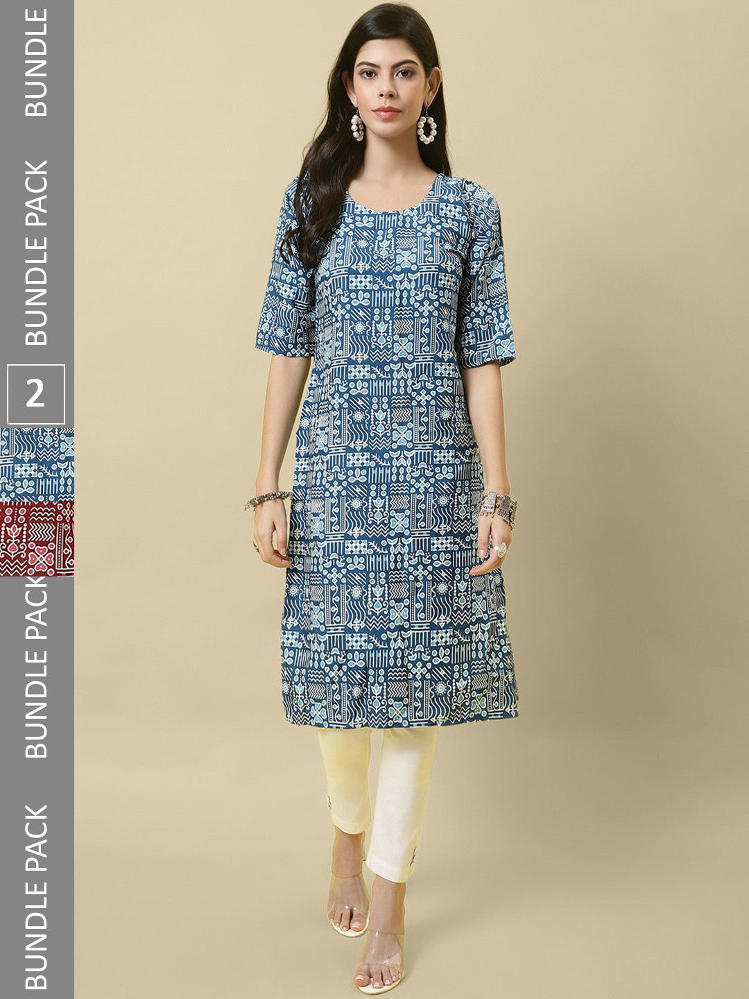 

7Threads Pack Of 2 Printed Round Neck Regular Kurtas, Blue