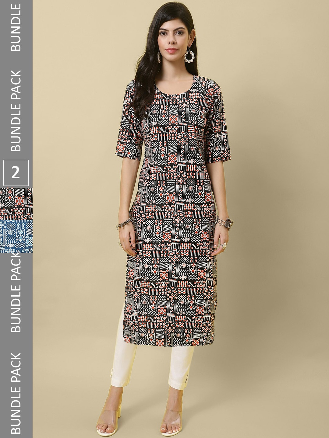 

7Threads Pack Of 2 Printed Round Neck Regular Kurtas, Black
