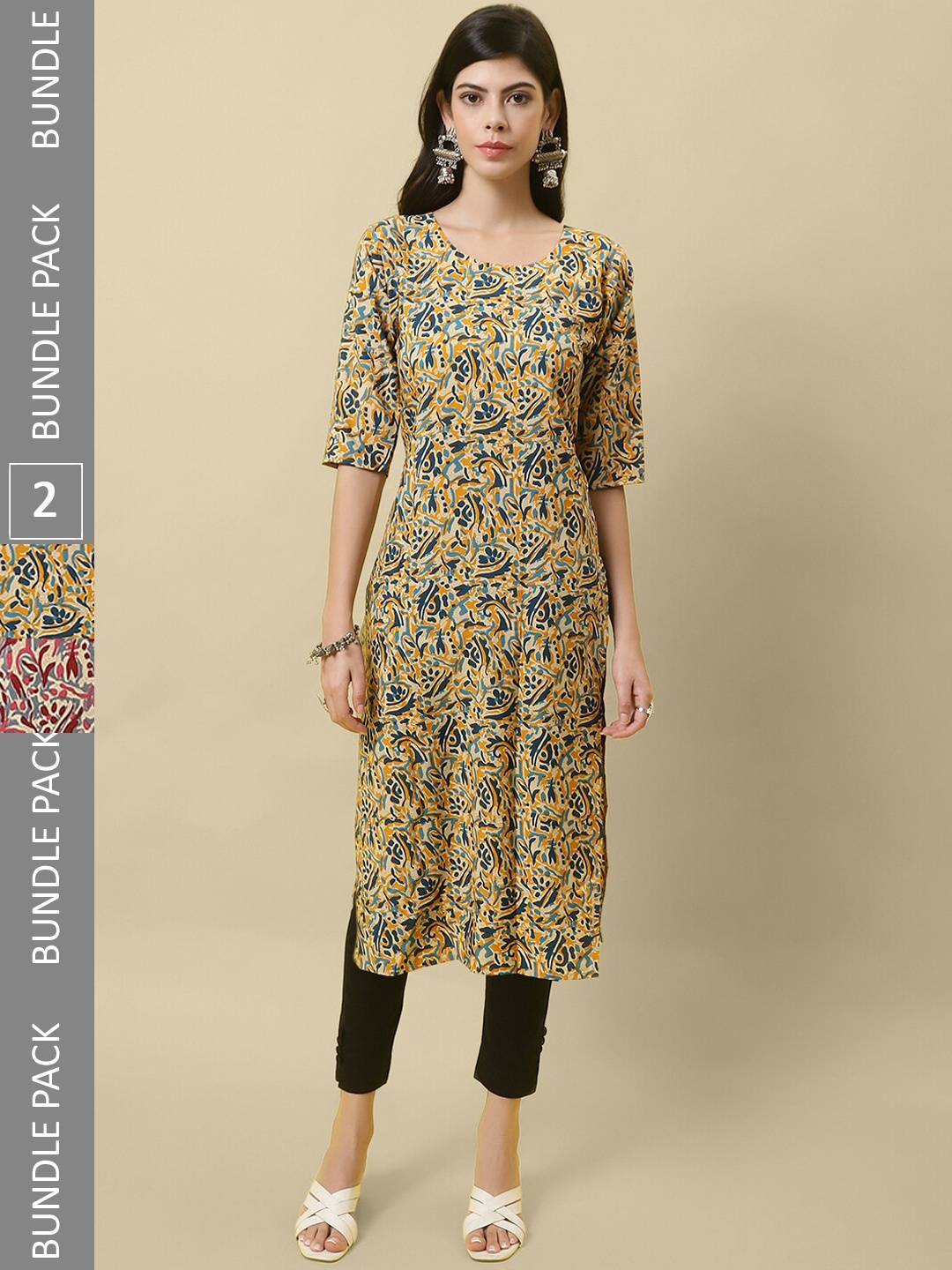 

7Threads Pack Of 2 Printed Crepe Straight Kurta, Mustard