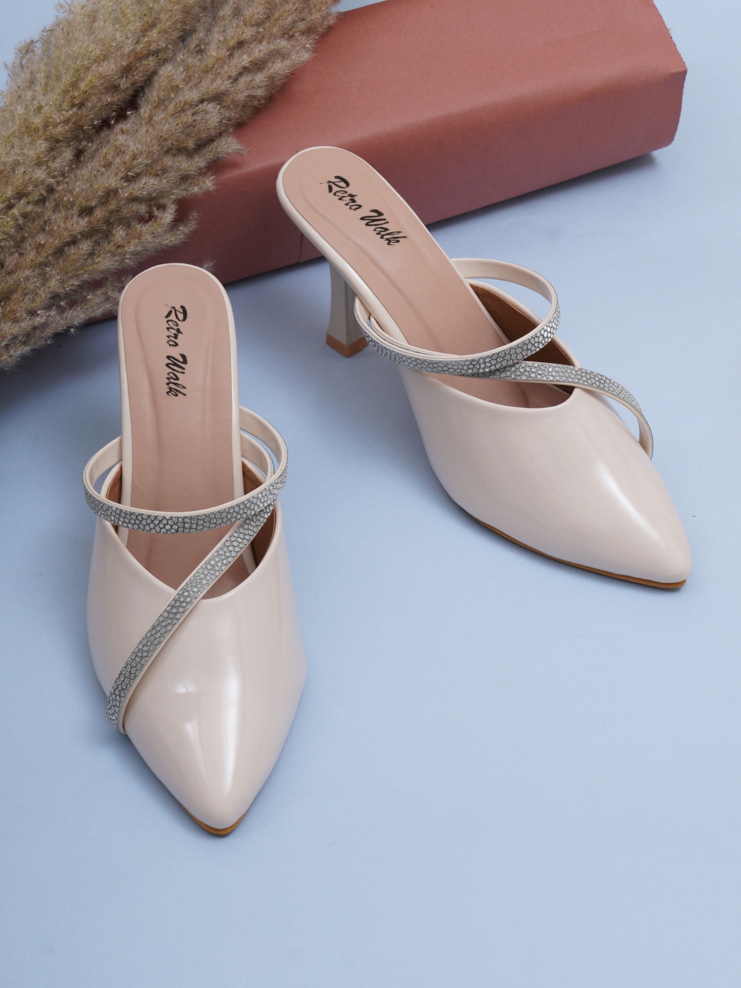 

Retro Walk Pointed Toe Textured Slim Mules, Cream