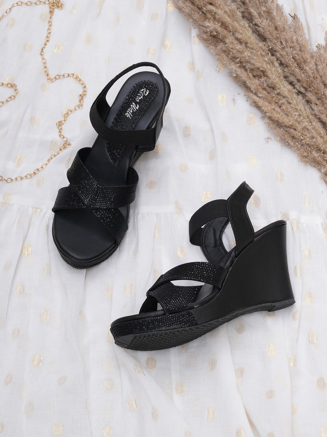 

Retro Walk Textured Open Toe Wedge Heels With Ankle Loop, Black
