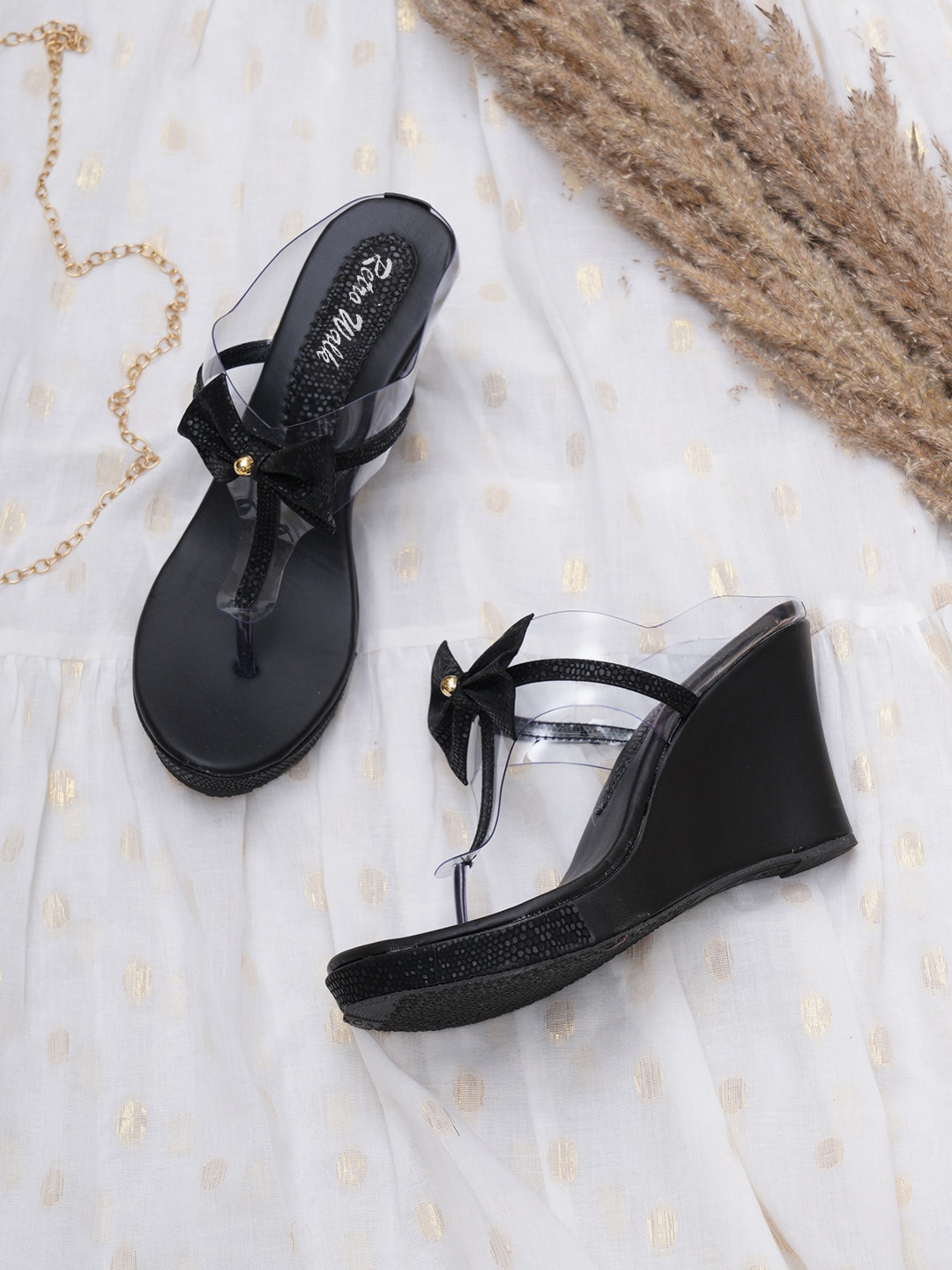 

Retro Walk Textured Open Toe Wedges With Bows Detail, Black