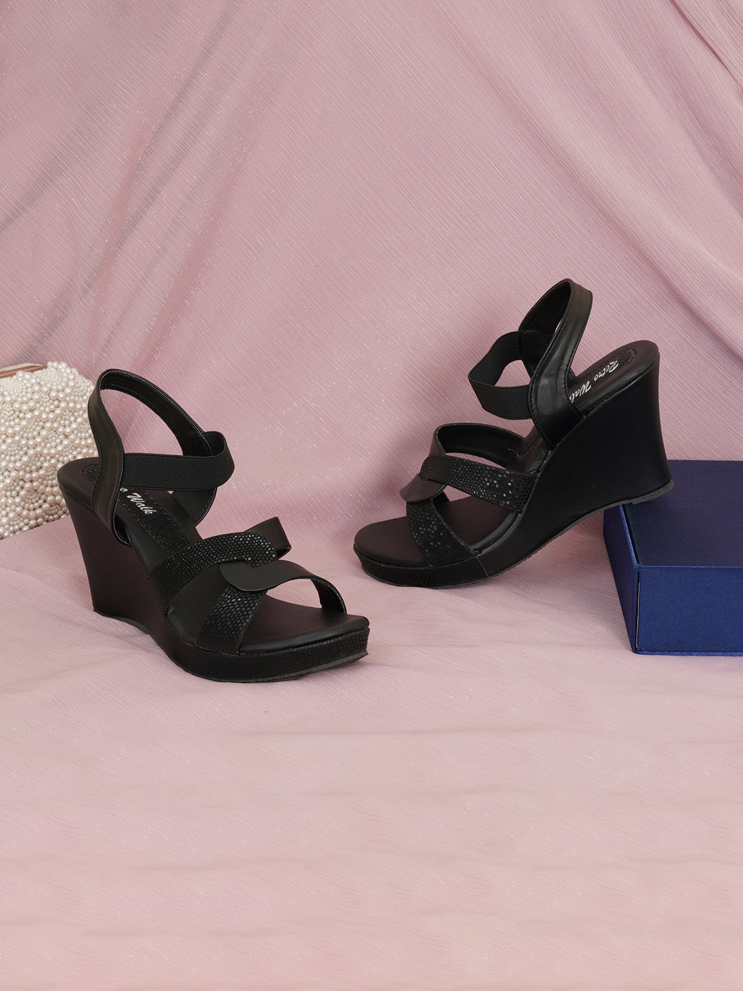 

Retro Walk Embellished Wedge Heels With Backstrap, Black