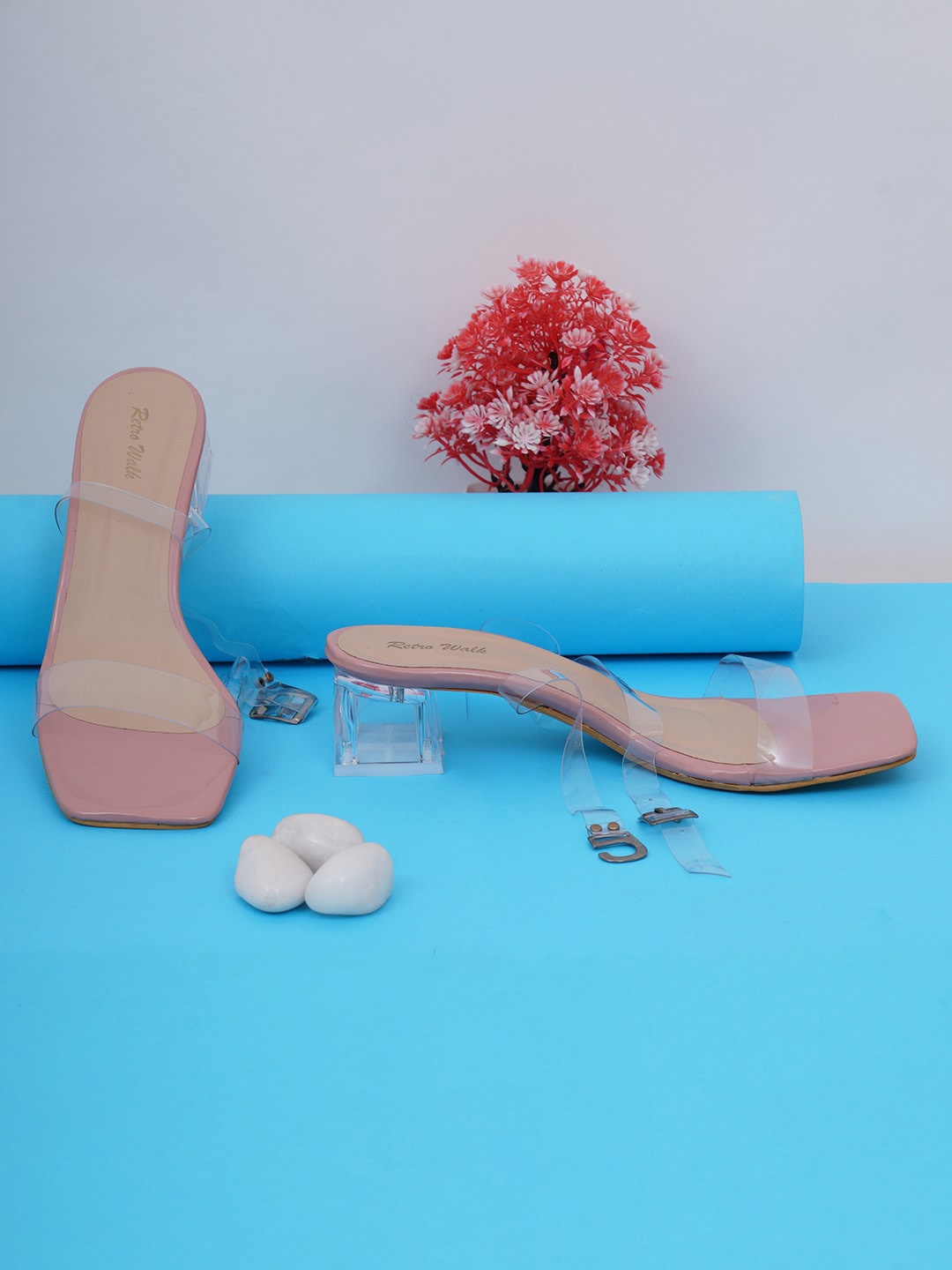 

Retro Walk Two Strap Block Heels With Ankle Loop, Peach