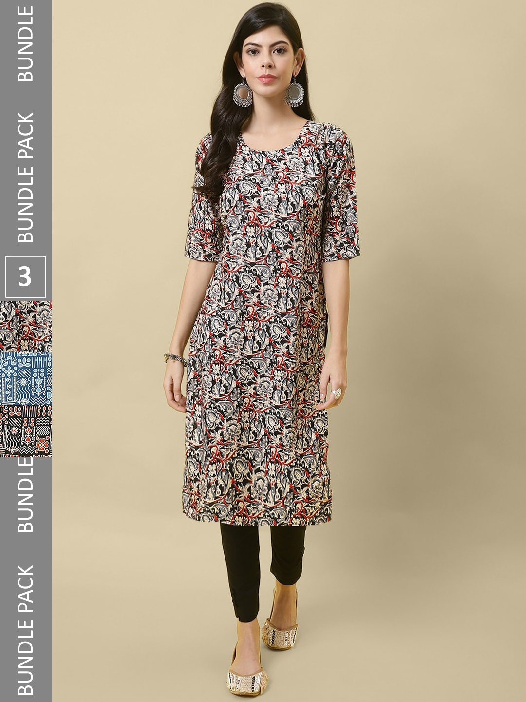 

7Threads Pack Of 3 Printed Straight Crepe Kurta, Black