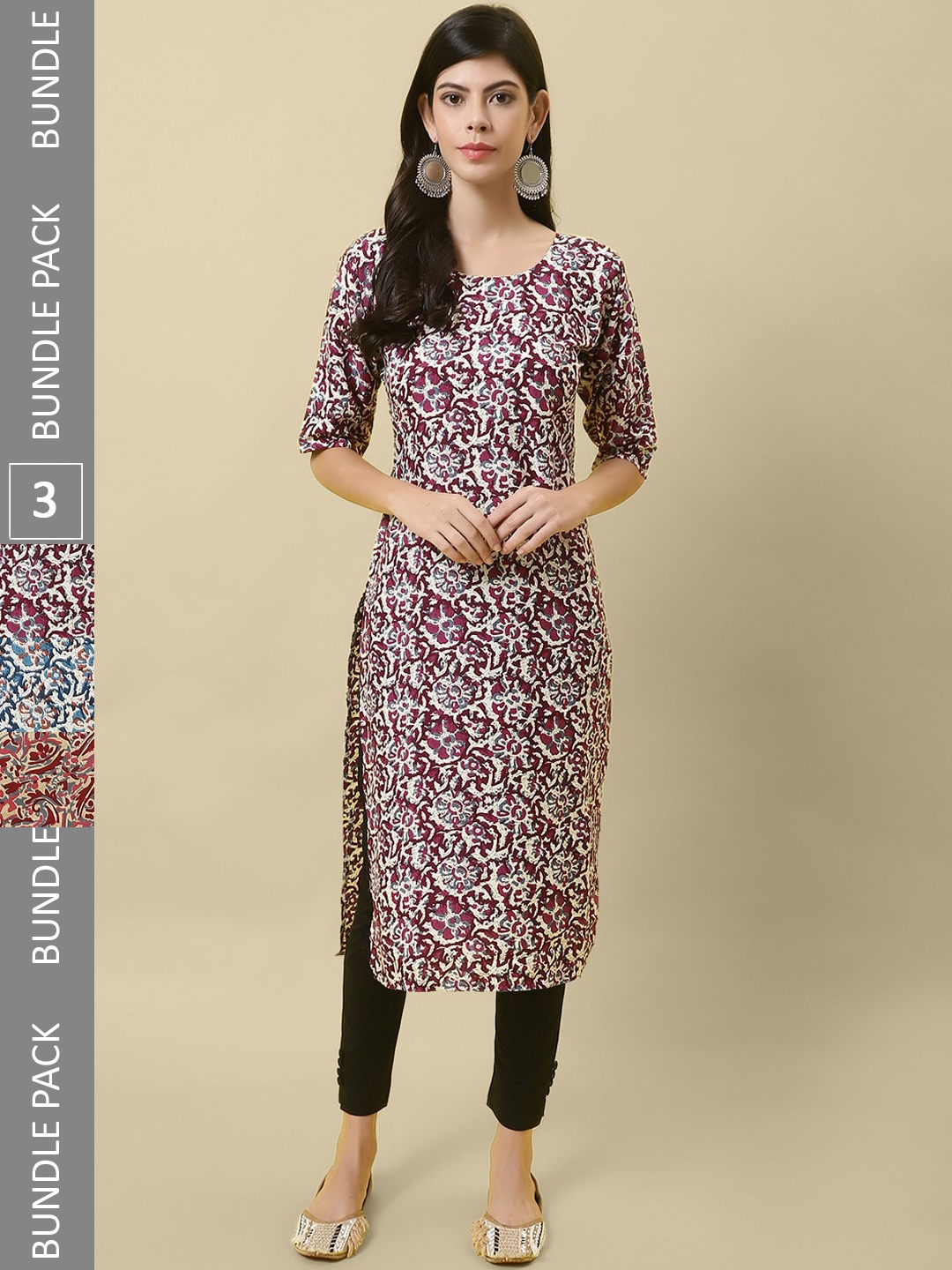 

7Threads Pack Of 3 Printed Crepe Straight Kurta, Maroon