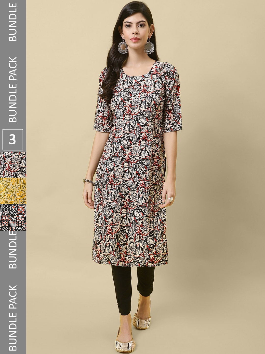 7Threads Pack Of 3 Printed Crepe Straight Kurta, Black
