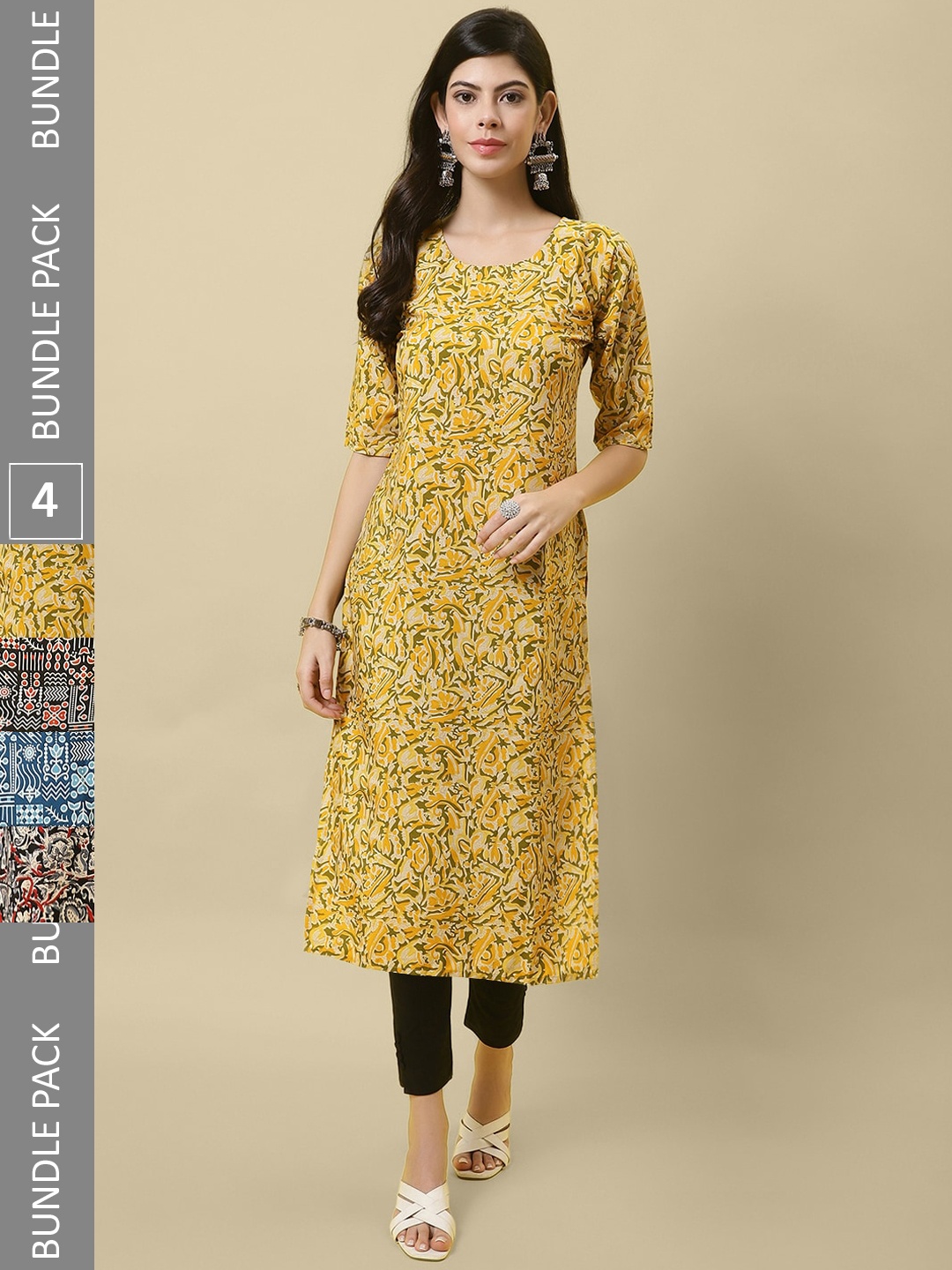 

7Threads Pack Of 4 Abstract Printed Crepe Kurta, Yellow