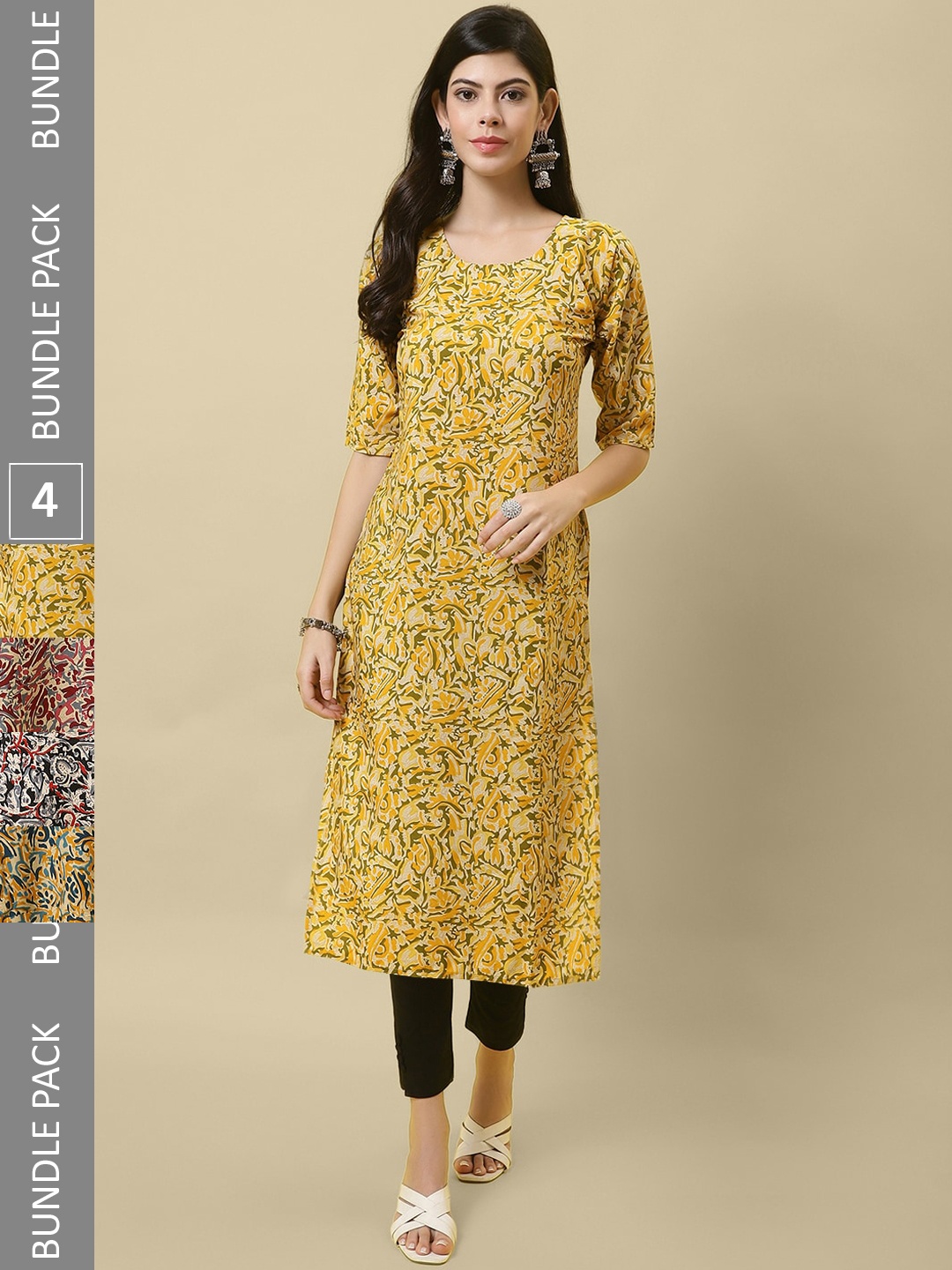 

7Threads Pack Of 4 Abstract Printed Crepe Kurta, Yellow