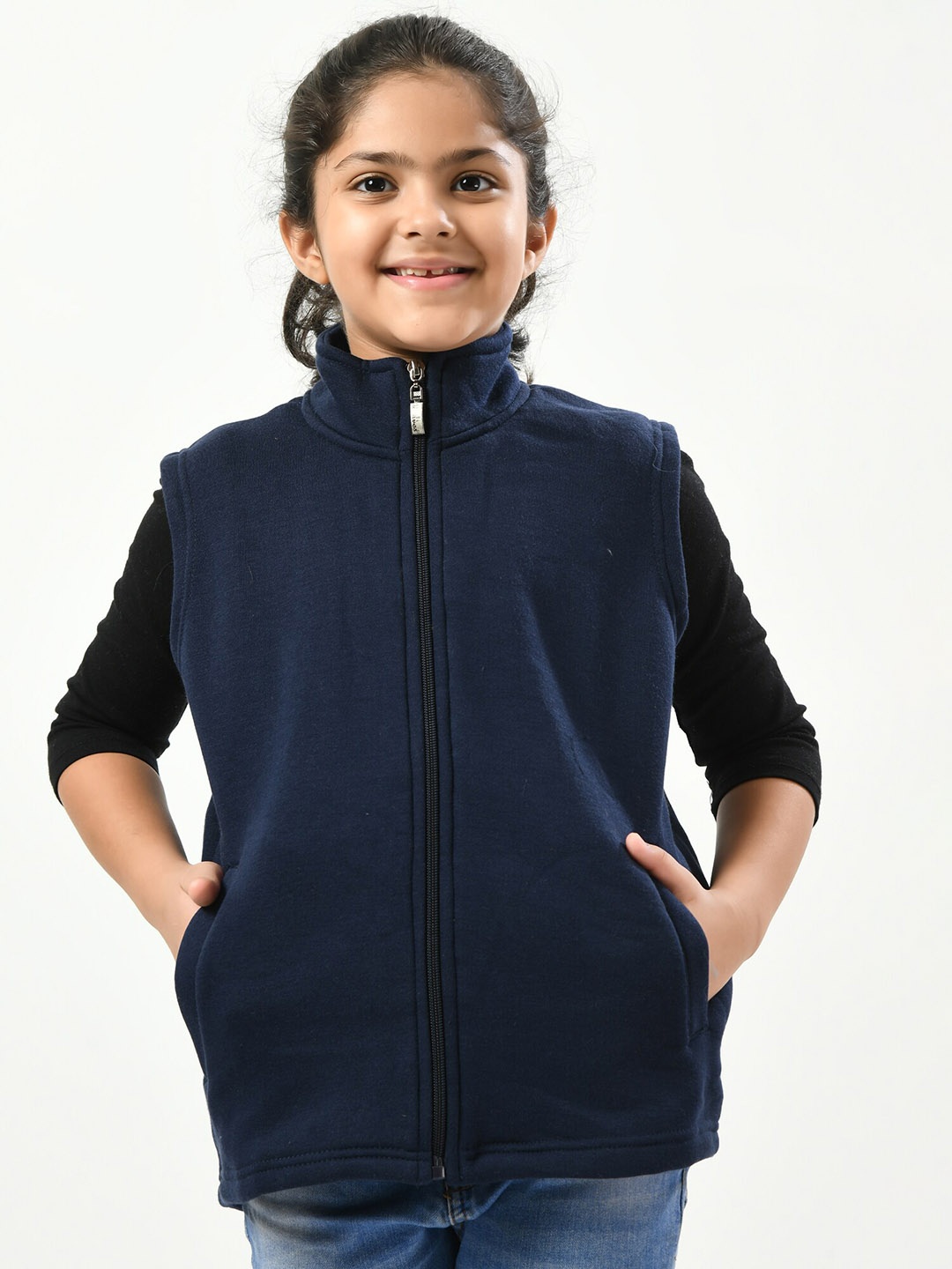 

IndiWeaves Girls Stand Collar Lightweight Fleece Bomber Jacket, Navy blue